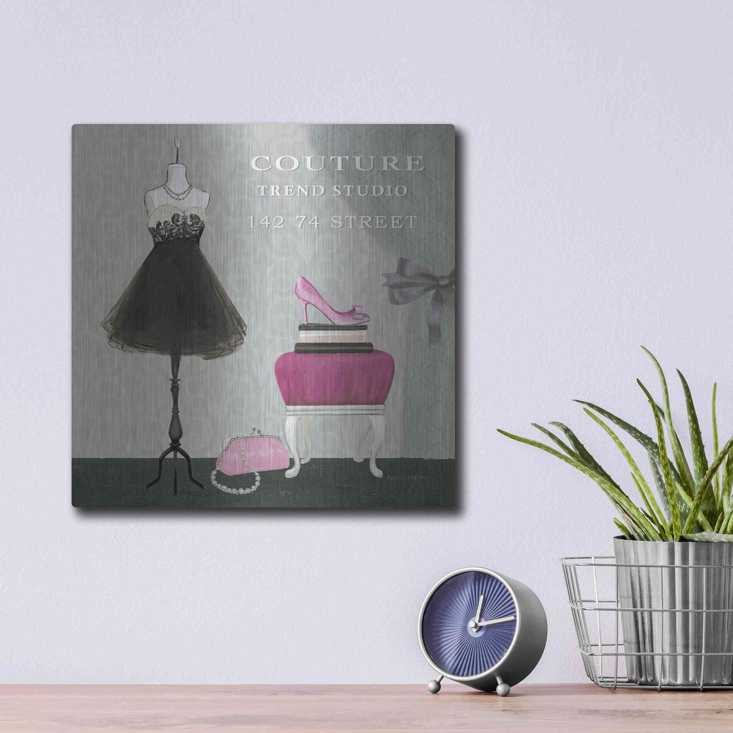 Luxe Metal Art 'Dress Fitting Boutique Sq III' by Marco Fabiano, Metal Wall Art,12x12