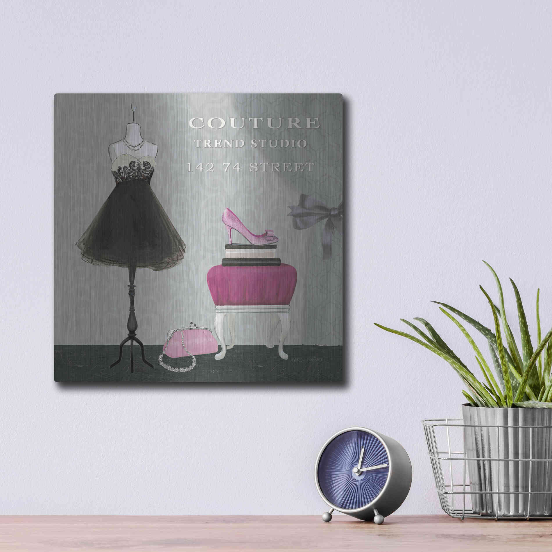 Luxe Metal Art 'Dress Fitting Boutique Sq III' by Marco Fabiano, Metal Wall Art,12x12