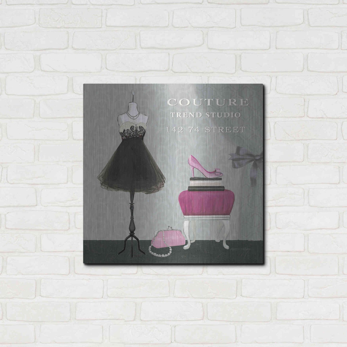 Luxe Metal Art 'Dress Fitting Boutique Sq III' by Marco Fabiano, Metal Wall Art,24x24