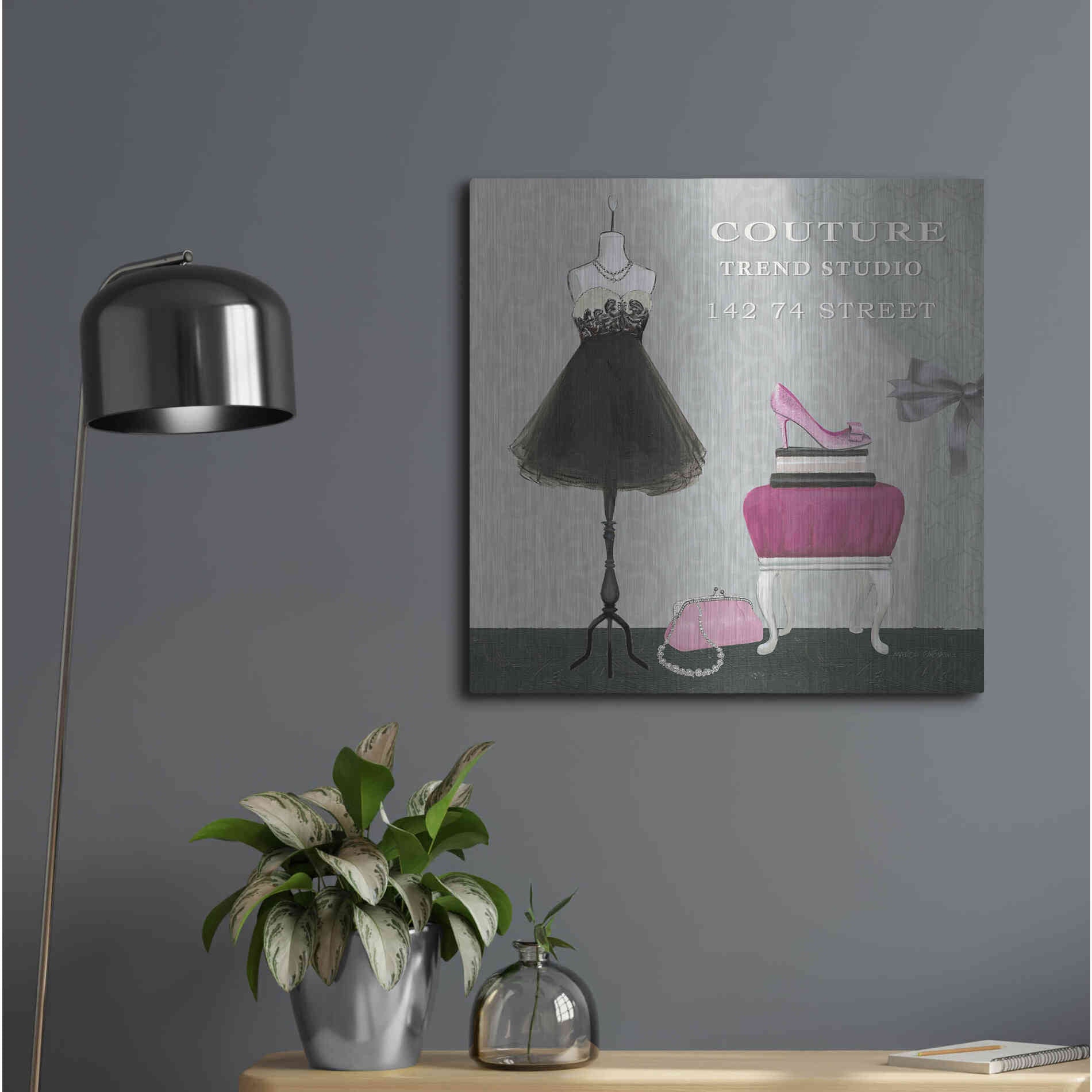 Luxe Metal Art 'Dress Fitting Boutique Sq III' by Marco Fabiano, Metal Wall Art,24x24