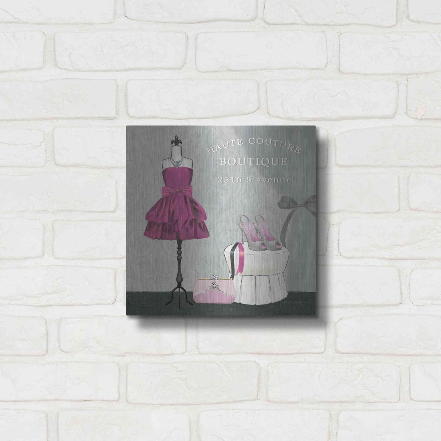 Luxe Metal Art 'Dress Fitting Boutique Sq II' by Marco Fabiano, Metal Wall Art,12x12