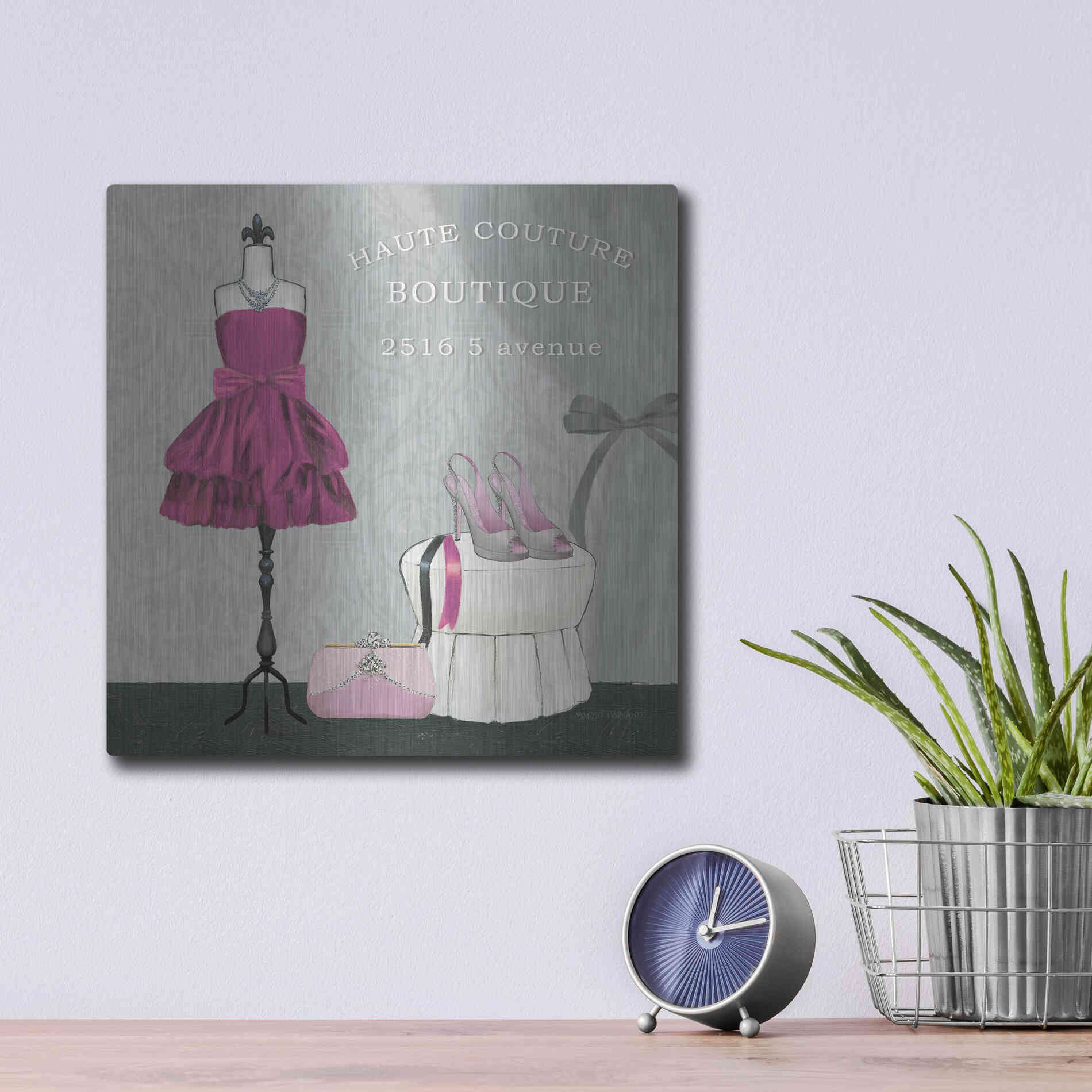 Luxe Metal Art 'Dress Fitting Boutique Sq II' by Marco Fabiano, Metal Wall Art,12x12