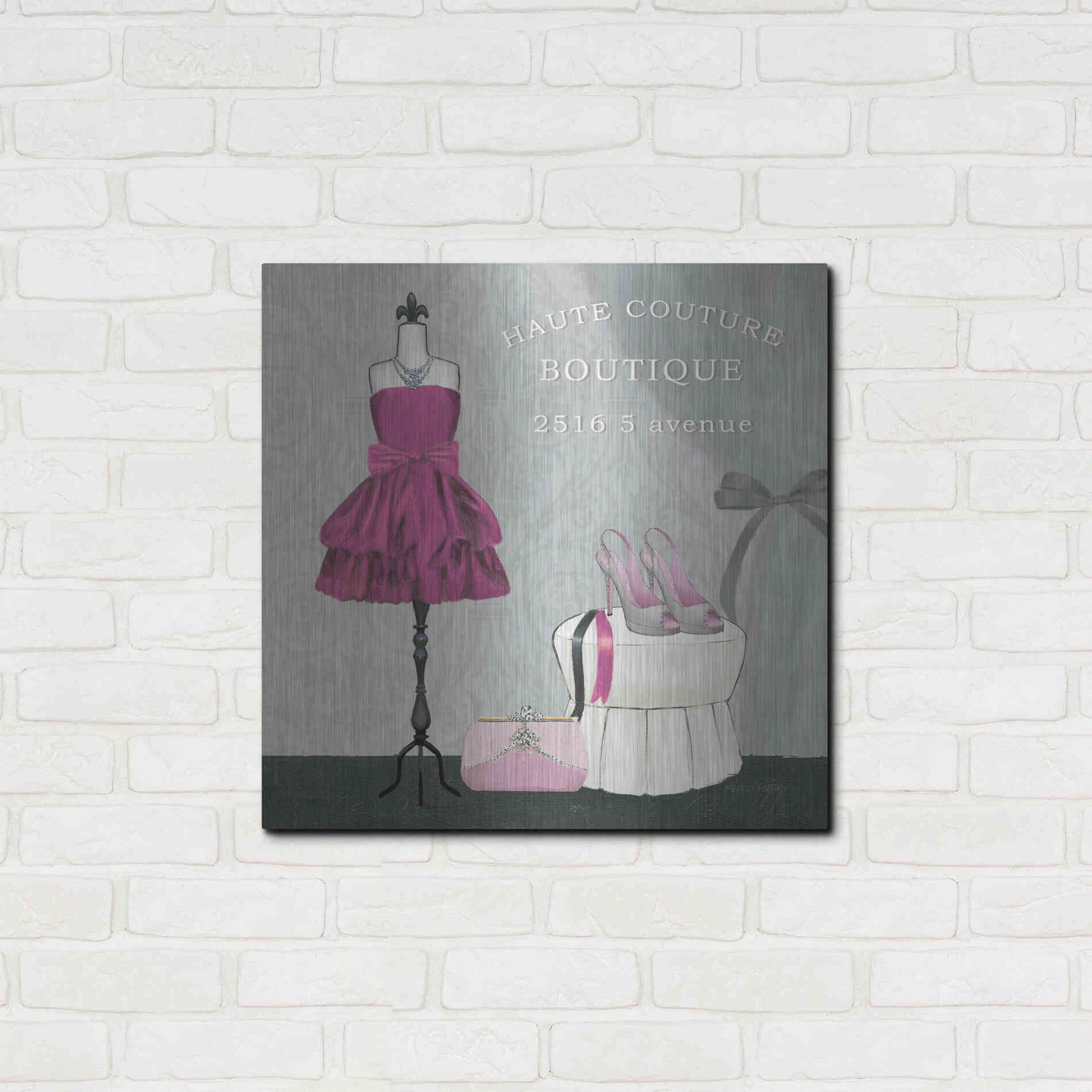 Luxe Metal Art 'Dress Fitting Boutique Sq II' by Marco Fabiano, Metal Wall Art,24x24