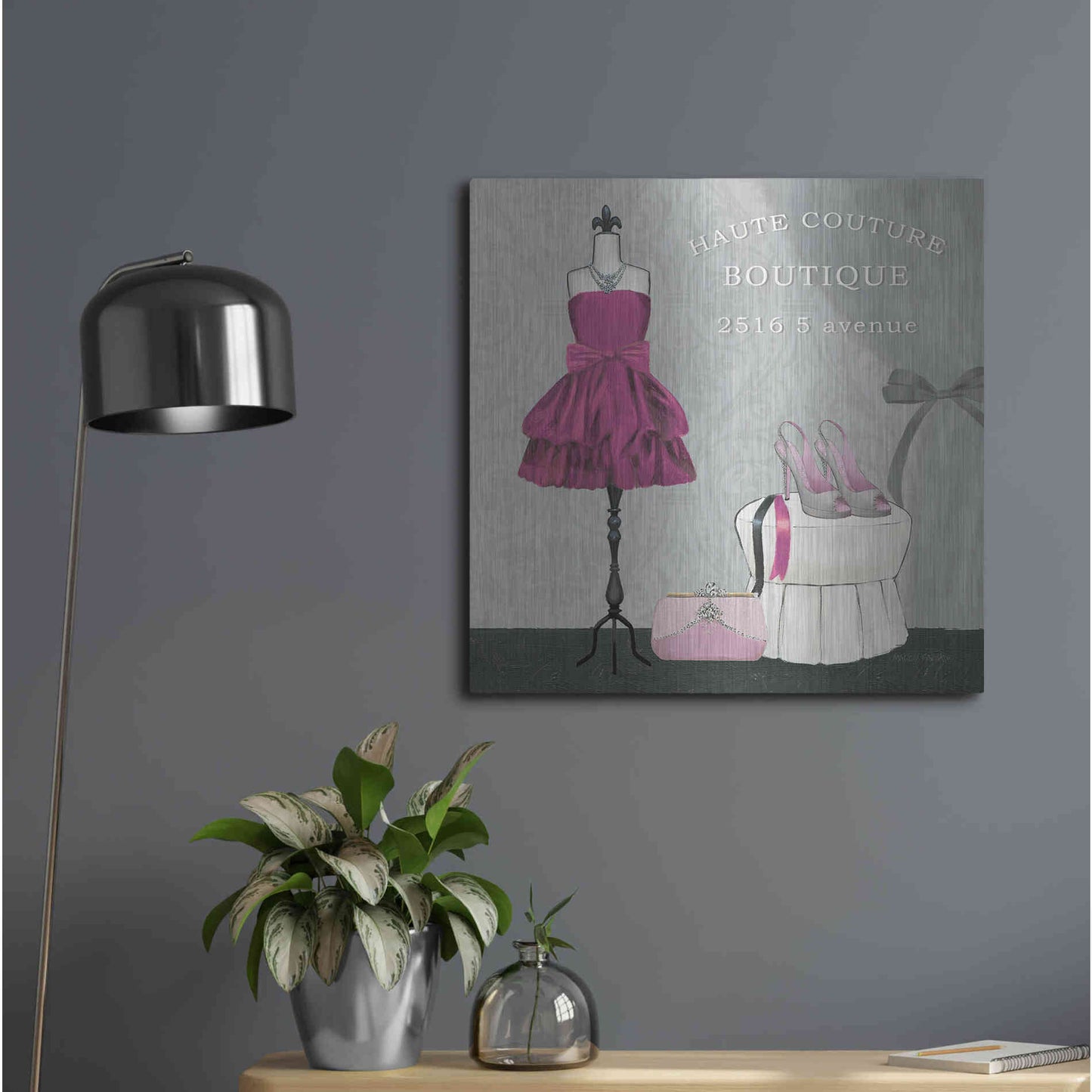 Luxe Metal Art 'Dress Fitting Boutique Sq II' by Marco Fabiano, Metal Wall Art,24x24