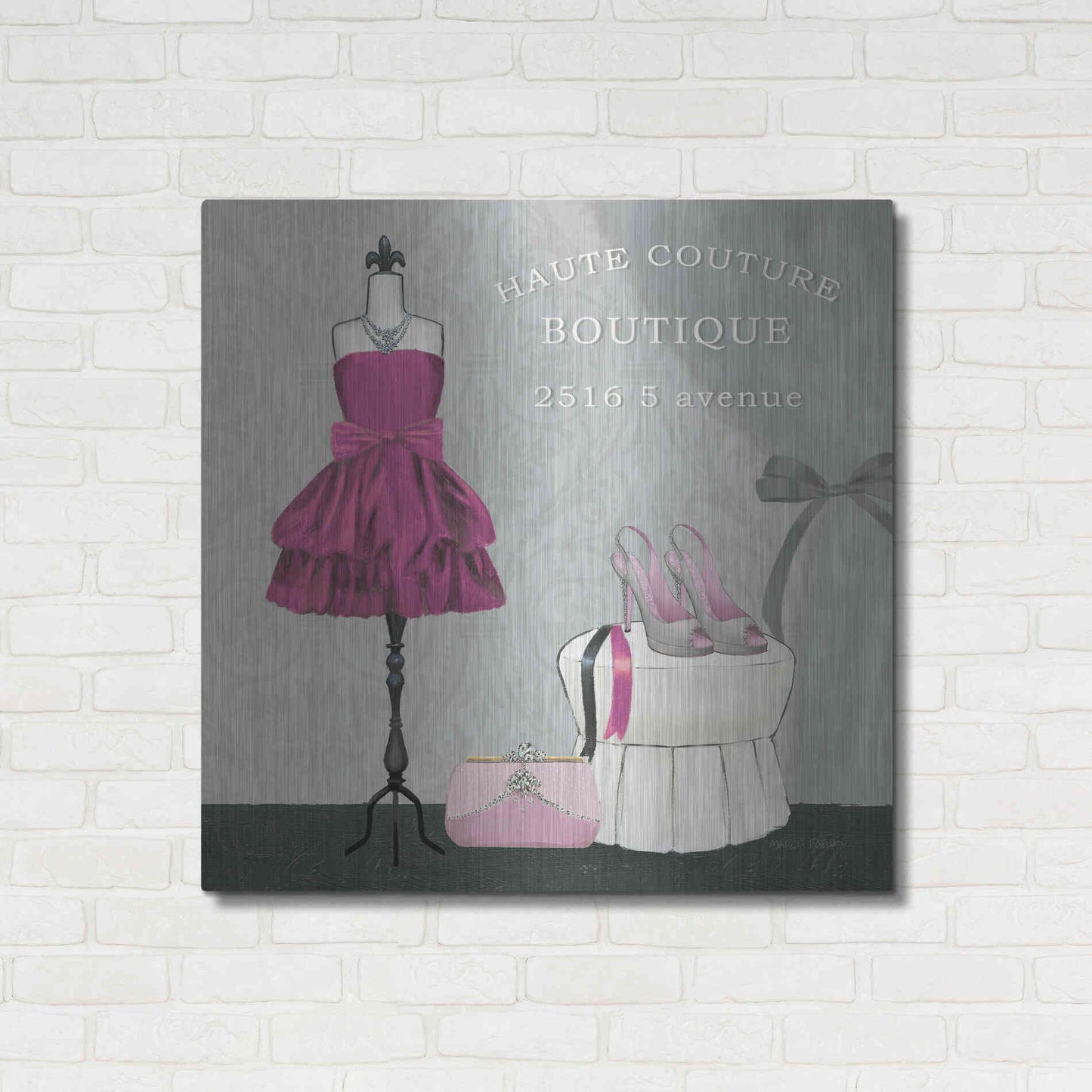 Luxe Metal Art 'Dress Fitting Boutique Sq II' by Marco Fabiano, Metal Wall Art,36x36