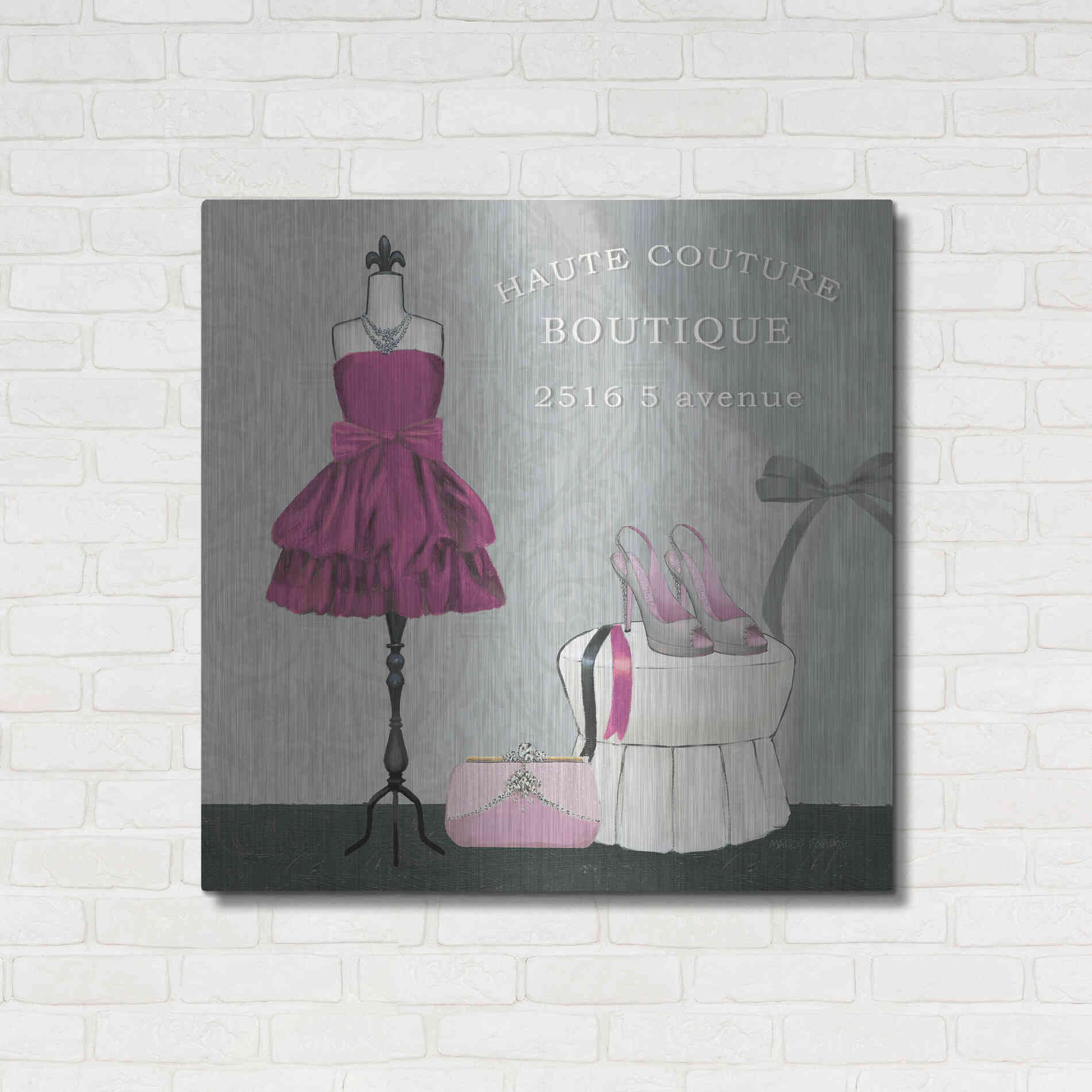 Luxe Metal Art 'Dress Fitting Boutique Sq II' by Marco Fabiano, Metal Wall Art,36x36