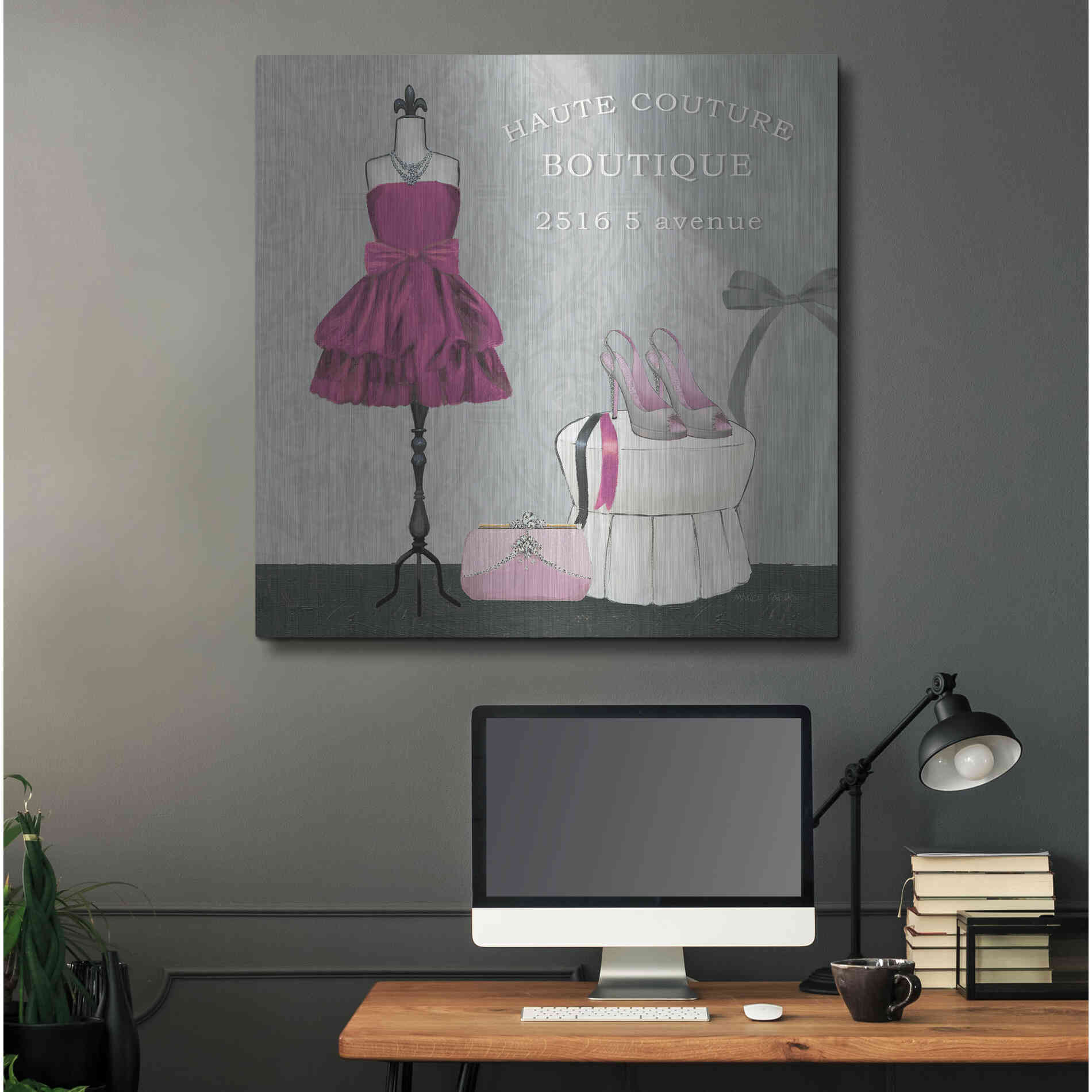 Luxe Metal Art 'Dress Fitting Boutique Sq II' by Marco Fabiano, Metal Wall Art,36x36