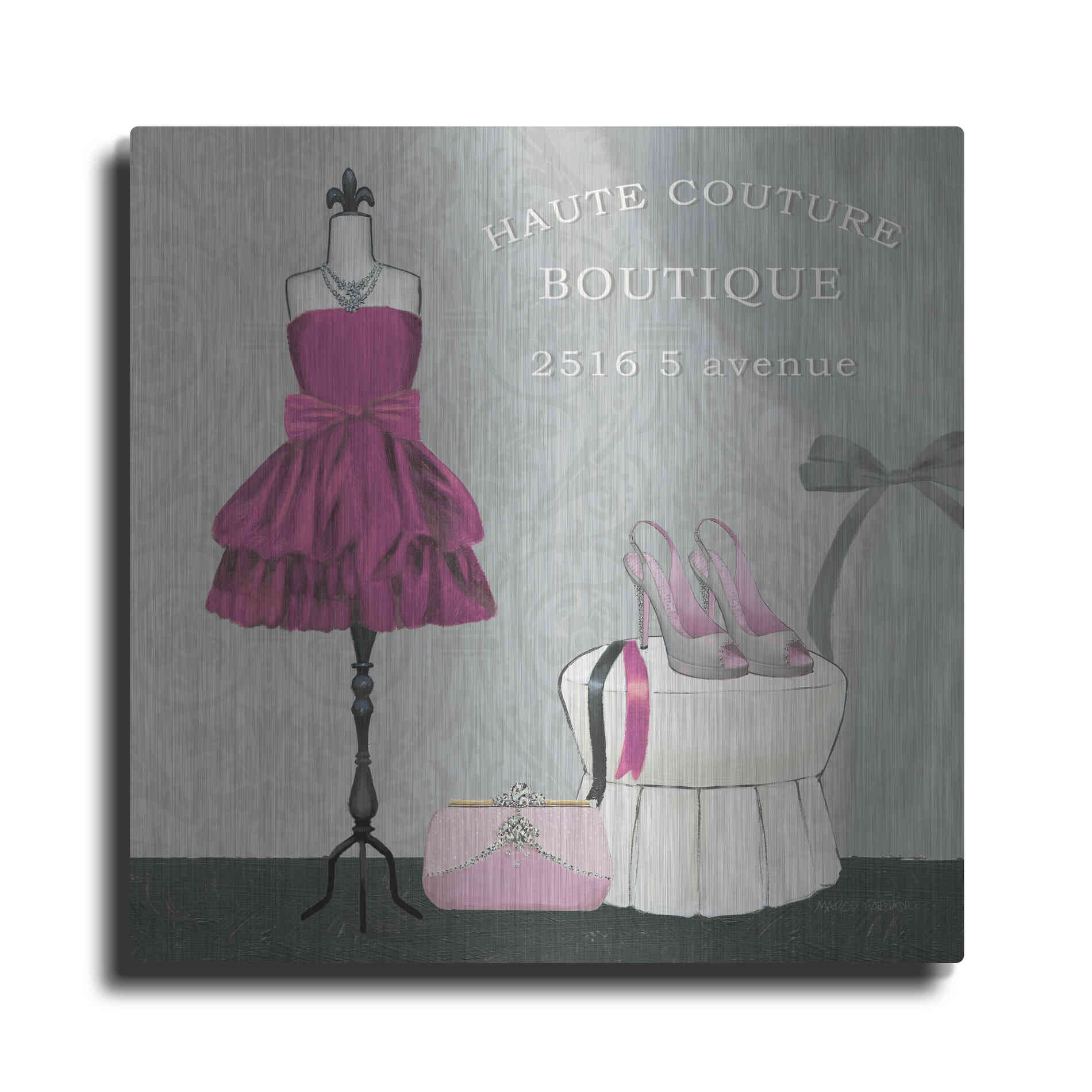 Luxe Metal Art 'Dress Fitting Boutique Sq II' by Marco Fabiano, Metal Wall Art