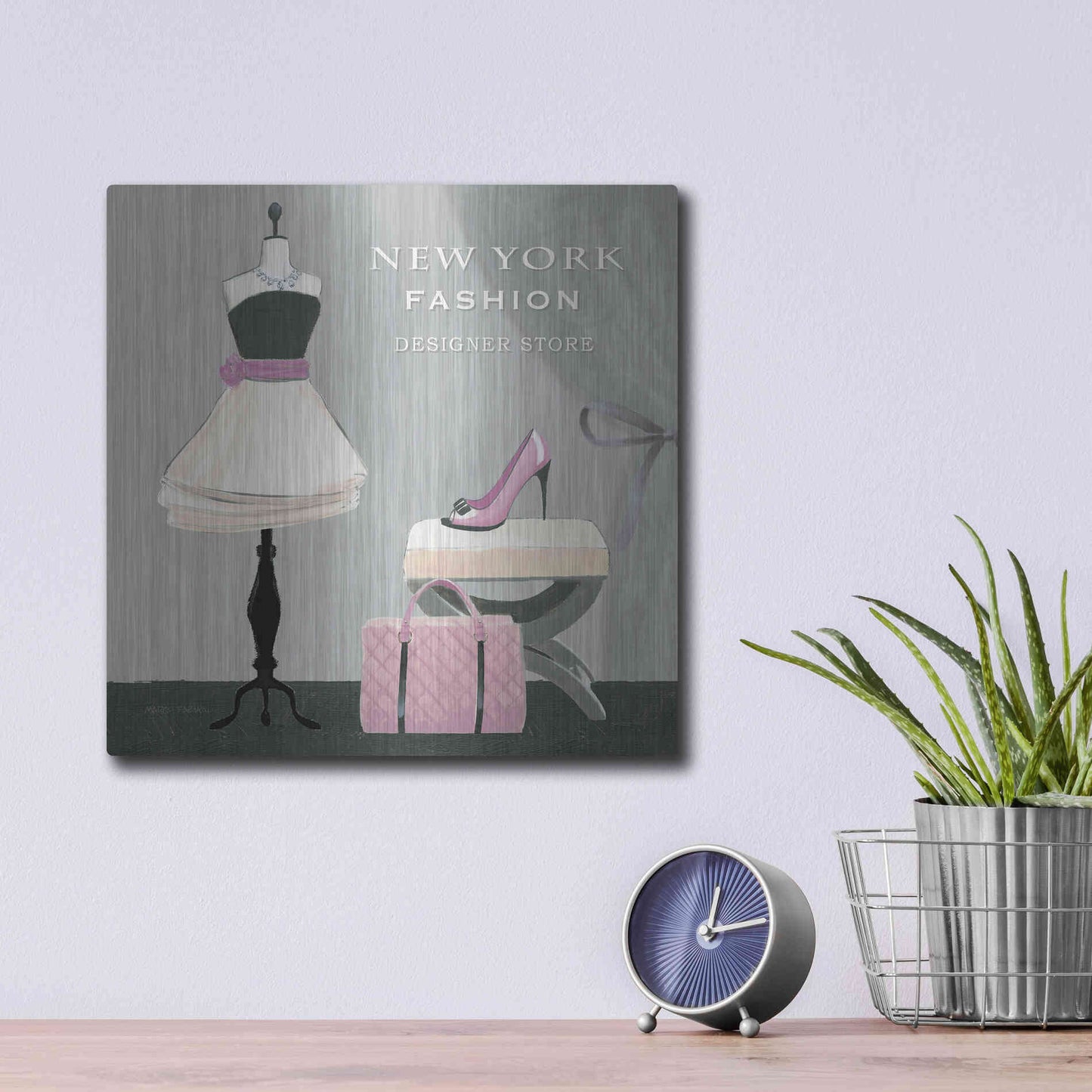 Luxe Metal Art 'Dress Fitting Boutique Sq I' by Marco Fabiano, Metal Wall Art,12x12