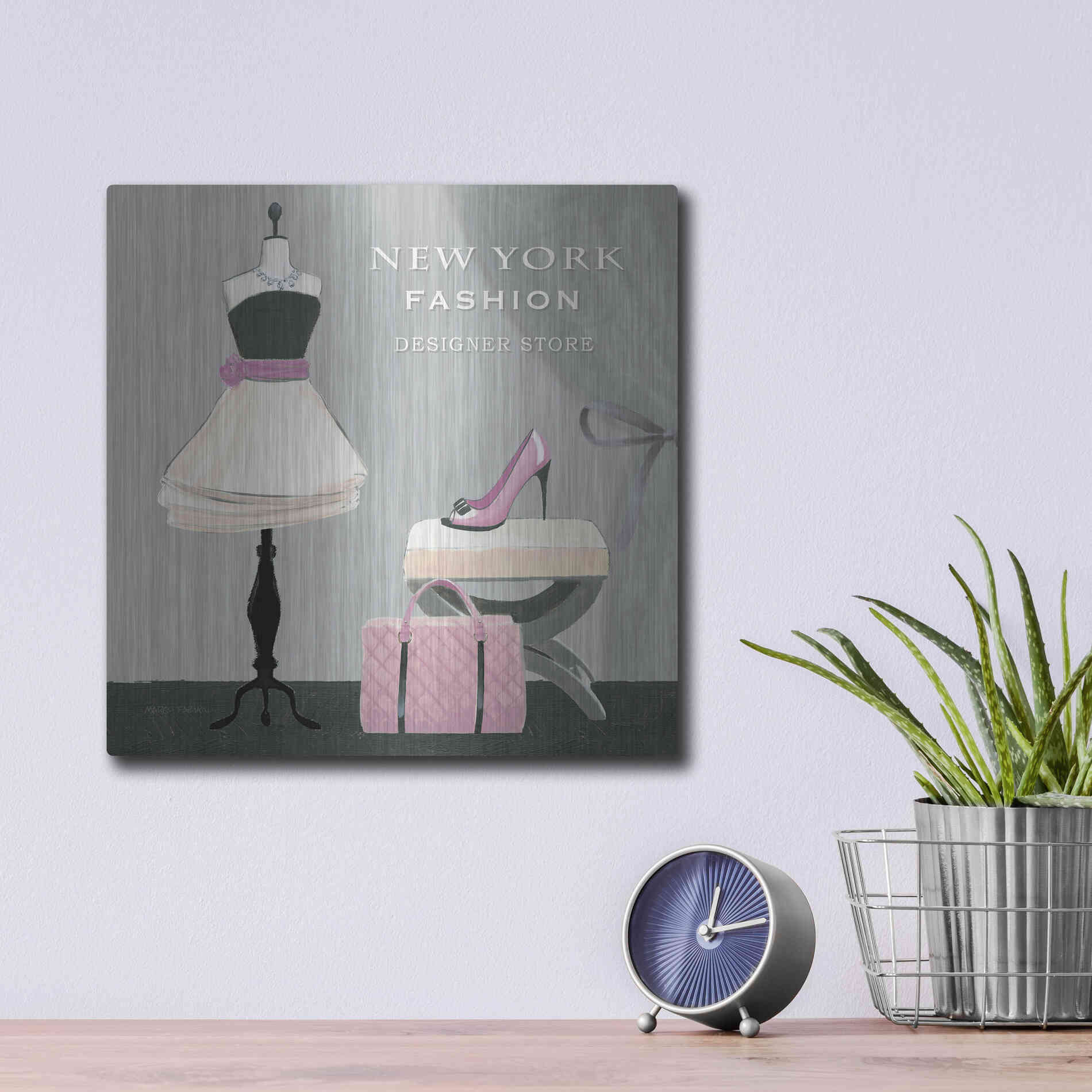 Luxe Metal Art 'Dress Fitting Boutique Sq I' by Marco Fabiano, Metal Wall Art,12x12