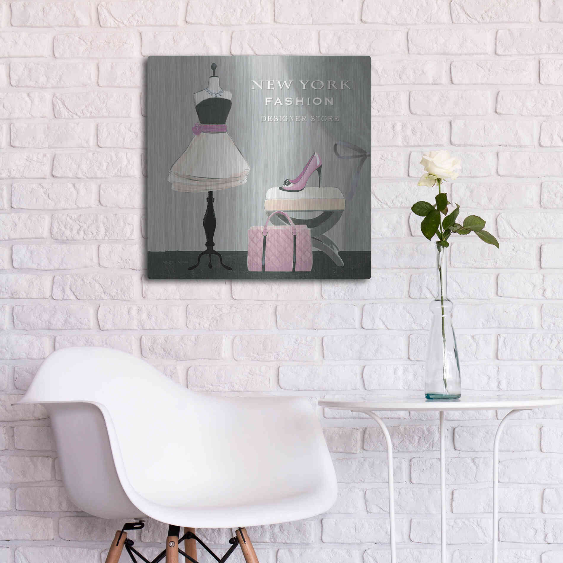 Luxe Metal Art 'Dress Fitting Boutique Sq I' by Marco Fabiano, Metal Wall Art,24x24