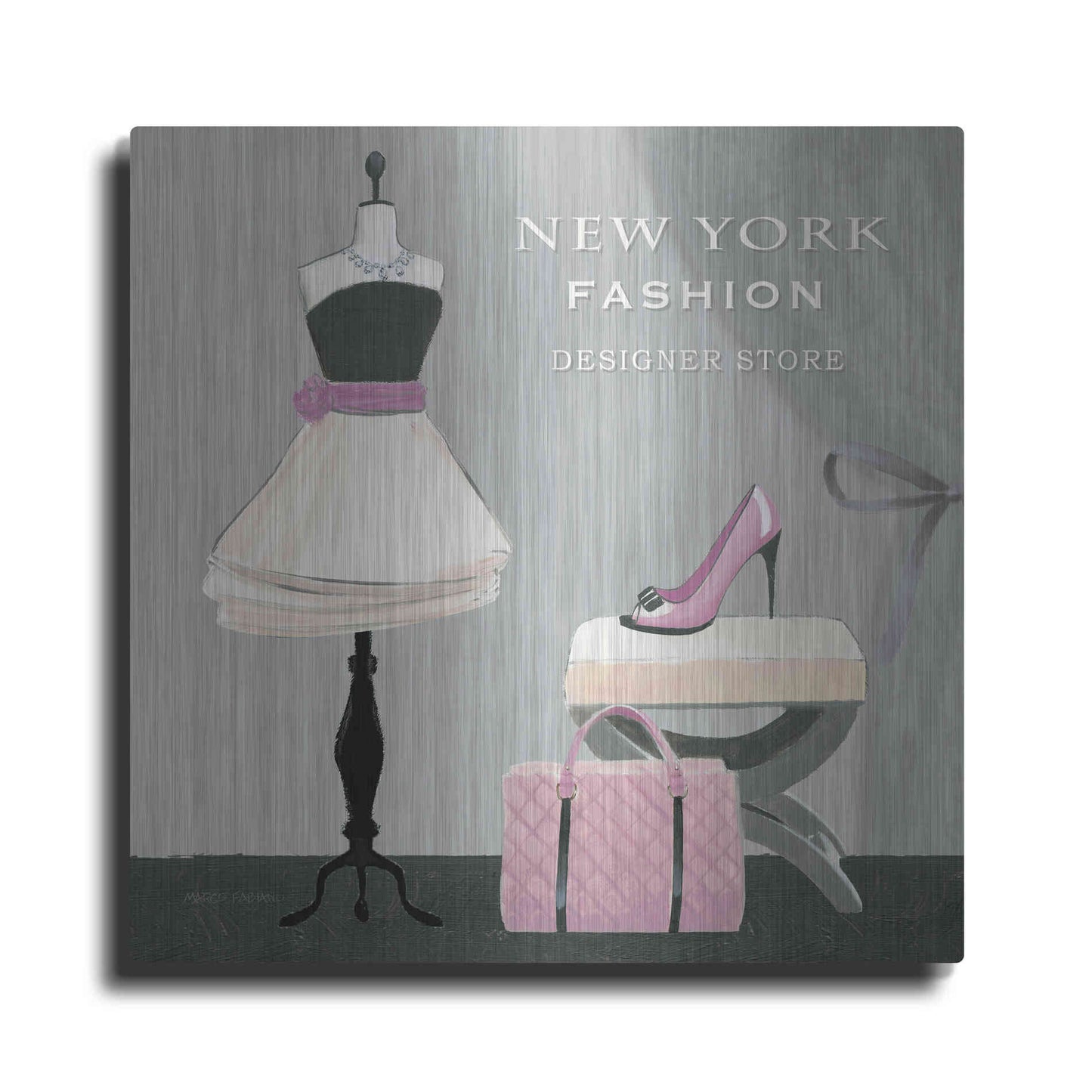 Luxe Metal Art 'Dress Fitting Boutique Sq I' by Marco Fabiano, Metal Wall Art