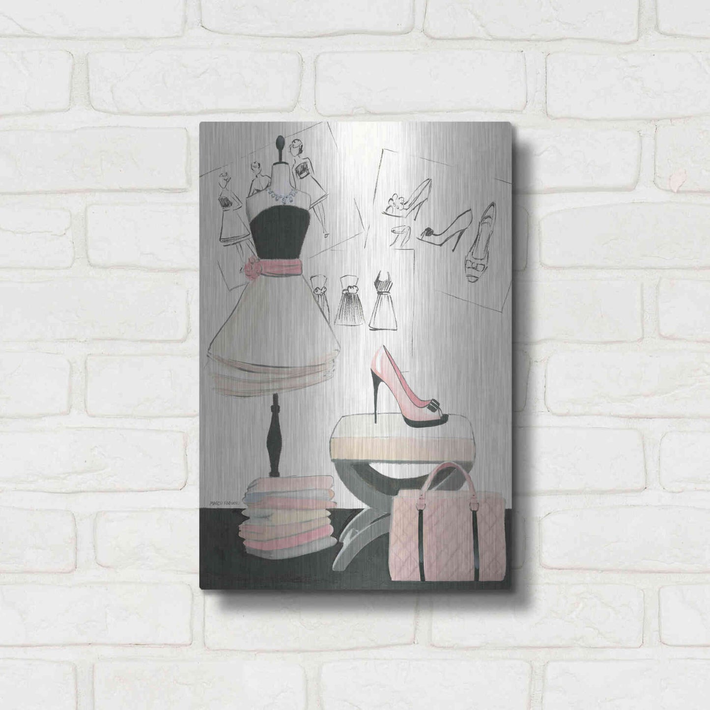 Luxe Metal Art 'Dress Fitting I' by Marco Fabiano, Metal Wall Art,12x16