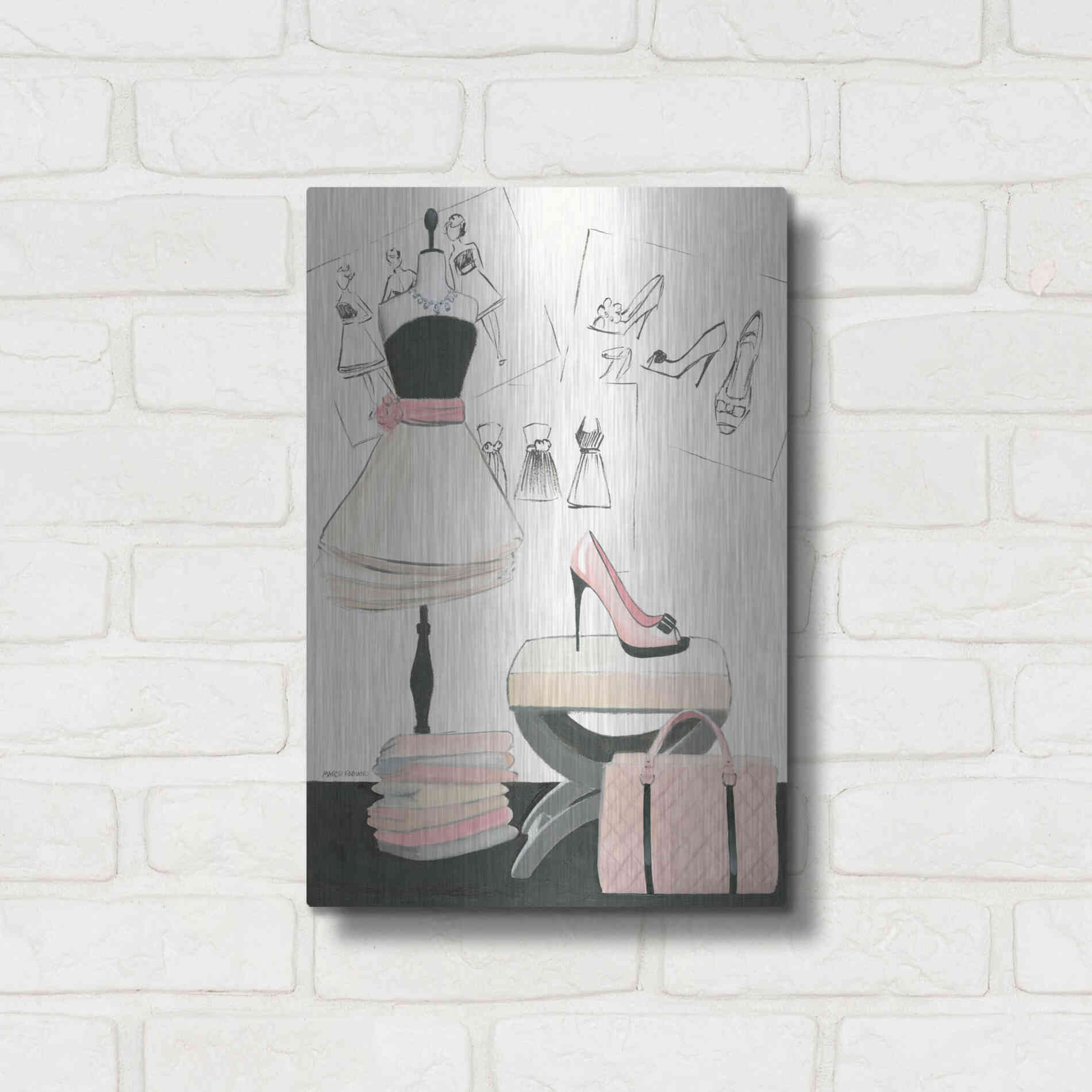 Luxe Metal Art 'Dress Fitting I' by Marco Fabiano, Metal Wall Art,12x16