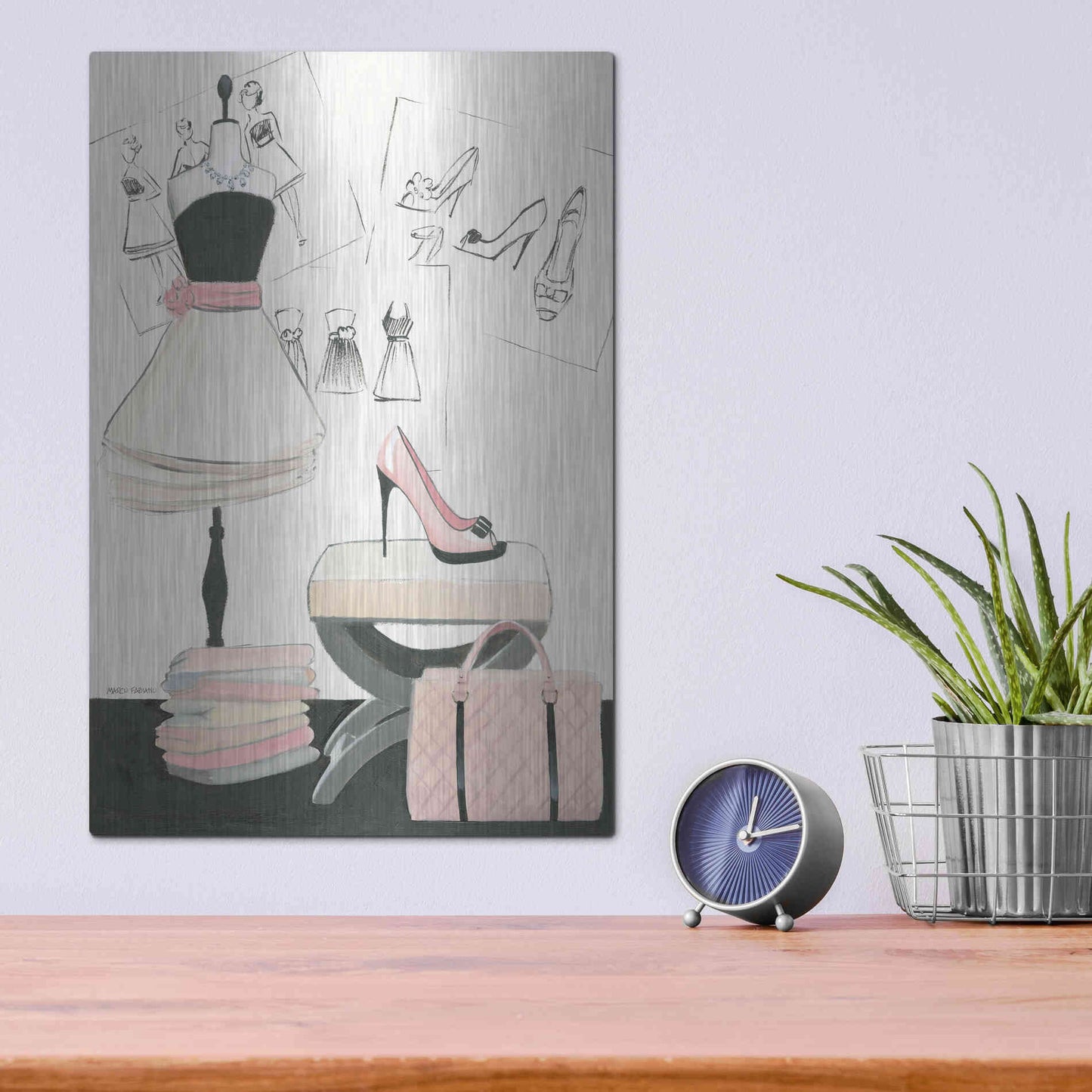 Luxe Metal Art 'Dress Fitting I' by Marco Fabiano, Metal Wall Art,12x16