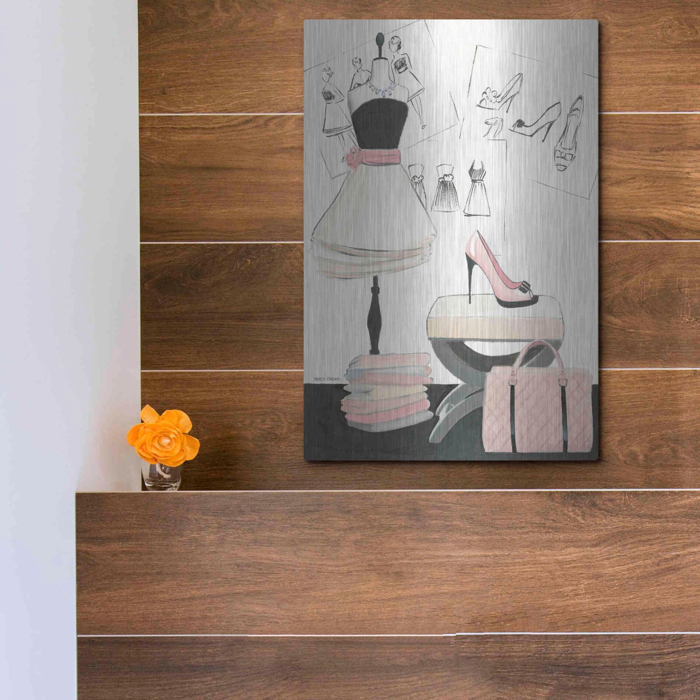 Luxe Metal Art 'Dress Fitting I' by Marco Fabiano, Metal Wall Art,12x16