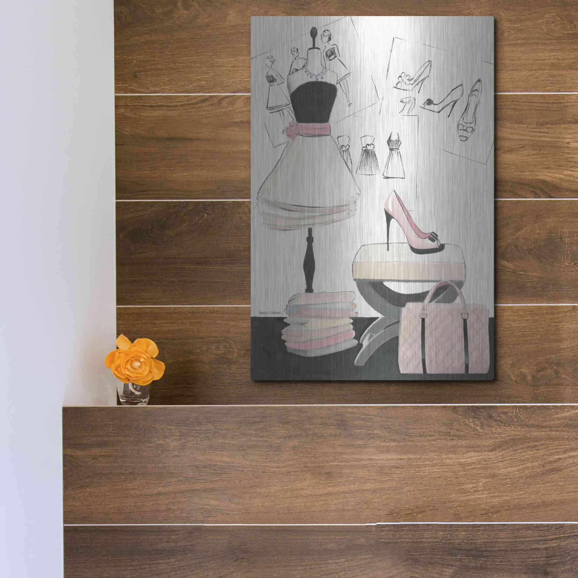 Luxe Metal Art 'Dress Fitting I' by Marco Fabiano, Metal Wall Art,12x16