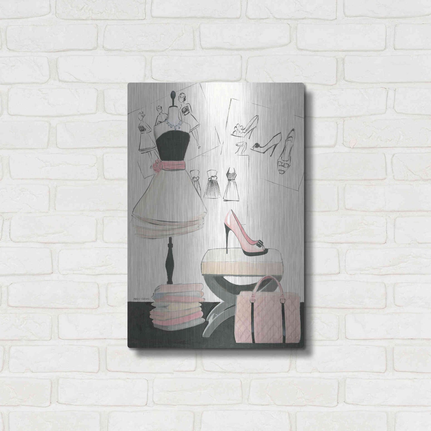 Luxe Metal Art 'Dress Fitting I' by Marco Fabiano, Metal Wall Art,16x24