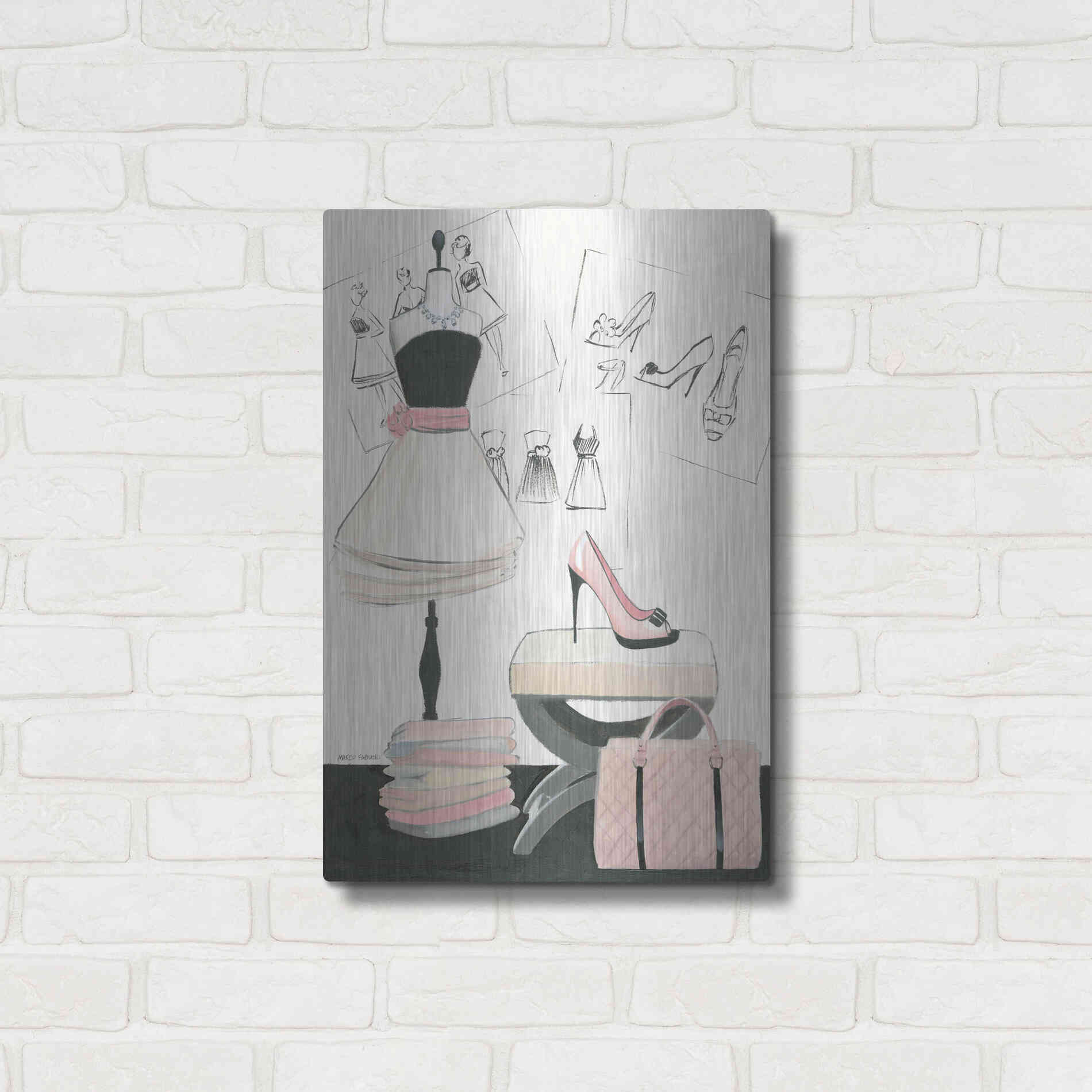 Luxe Metal Art 'Dress Fitting I' by Marco Fabiano, Metal Wall Art,16x24