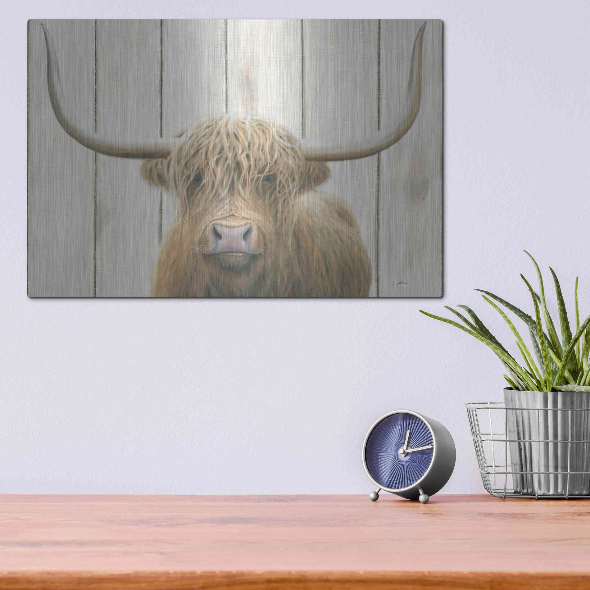 Luxe Metal Art 'Highland Cow Shiplap' by James Wiens, Metal Wall Art,16x12