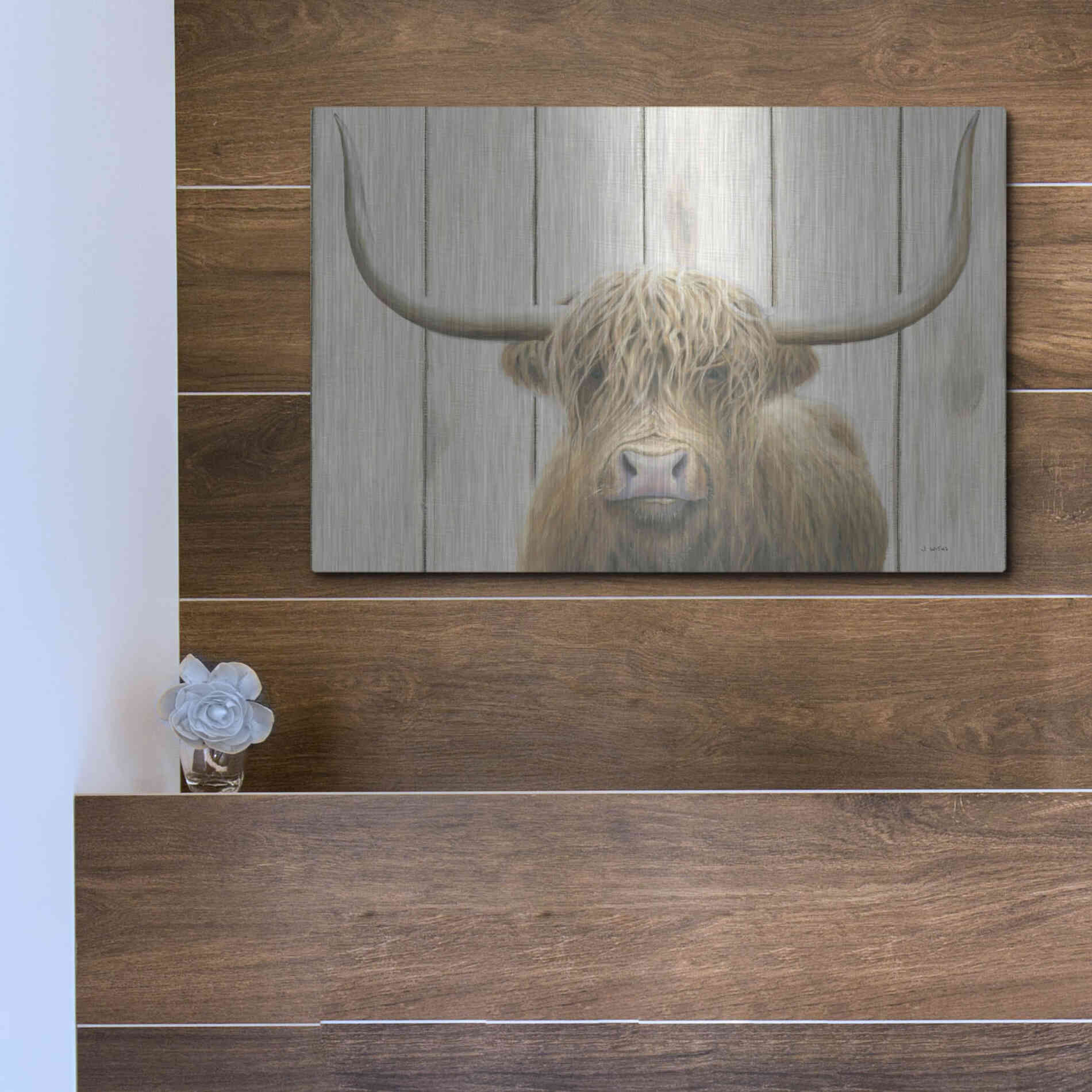 Luxe Metal Art 'Highland Cow Shiplap' by James Wiens, Metal Wall Art,16x12