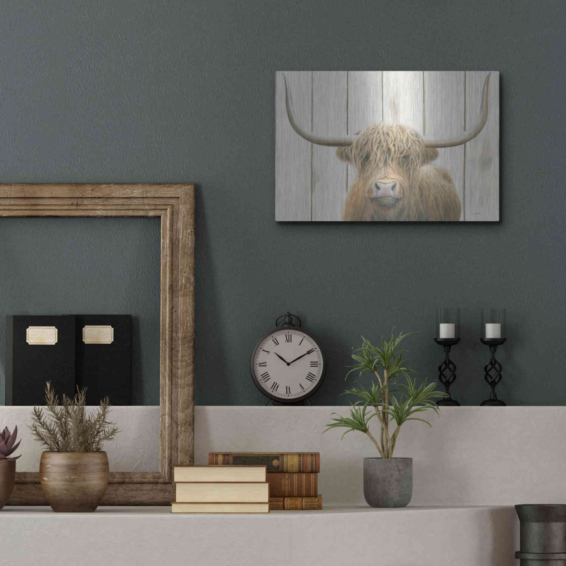 Luxe Metal Art 'Highland Cow Shiplap' by James Wiens, Metal Wall Art,16x12