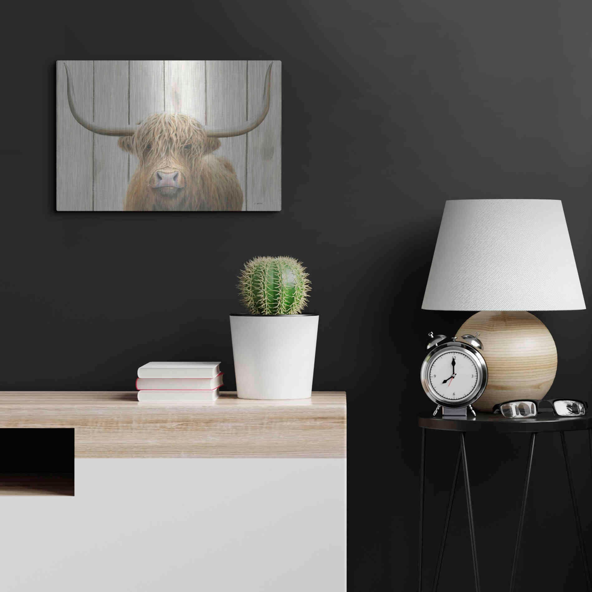 Luxe Metal Art 'Highland Cow Shiplap' by James Wiens, Metal Wall Art,24x16