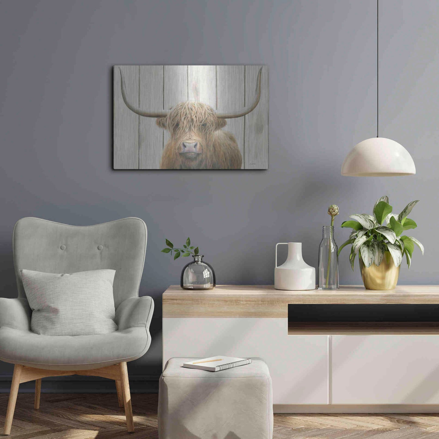 Luxe Metal Art 'Highland Cow Shiplap' by James Wiens, Metal Wall Art,24x16