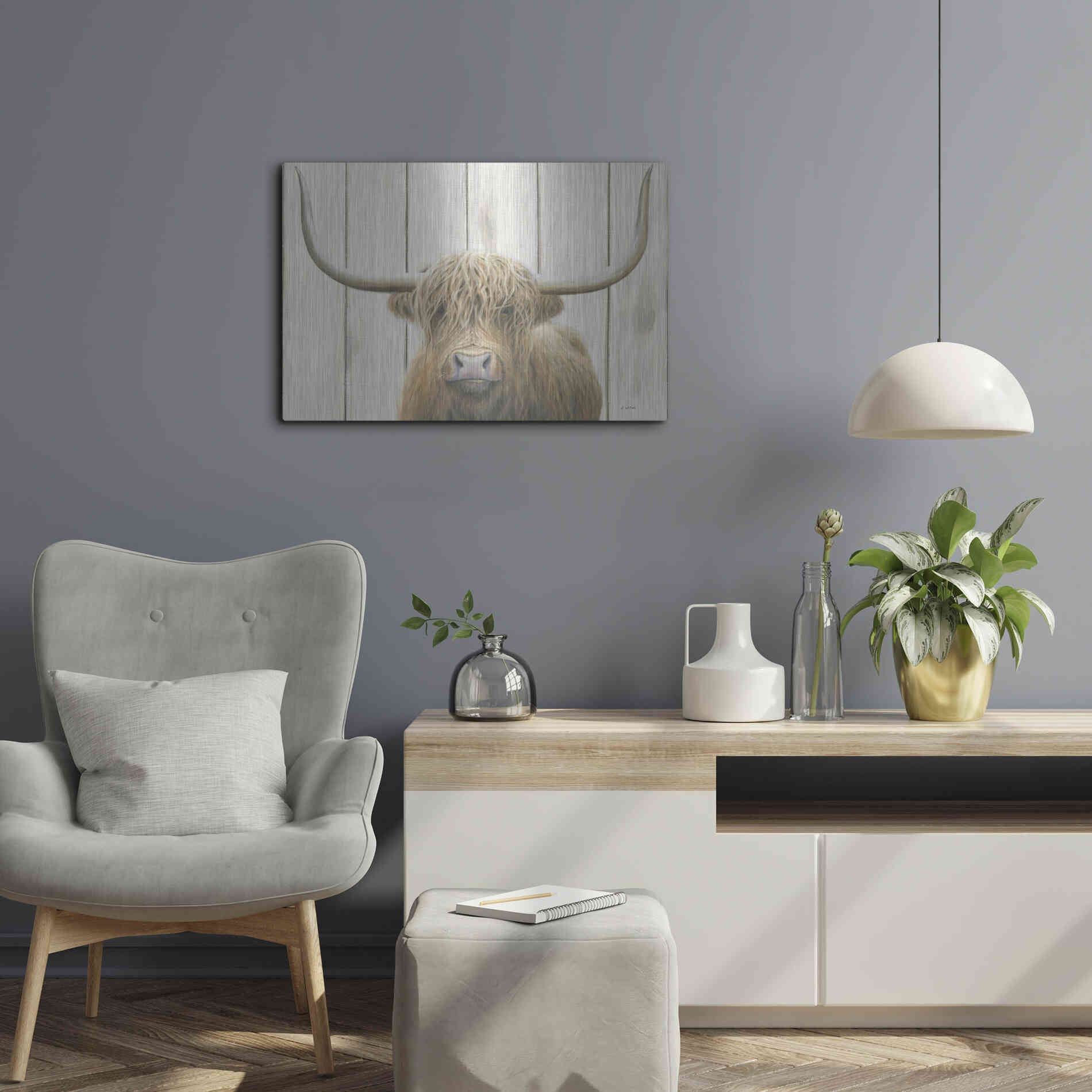 Luxe Metal Art 'Highland Cow Shiplap' by James Wiens, Metal Wall Art,24x16