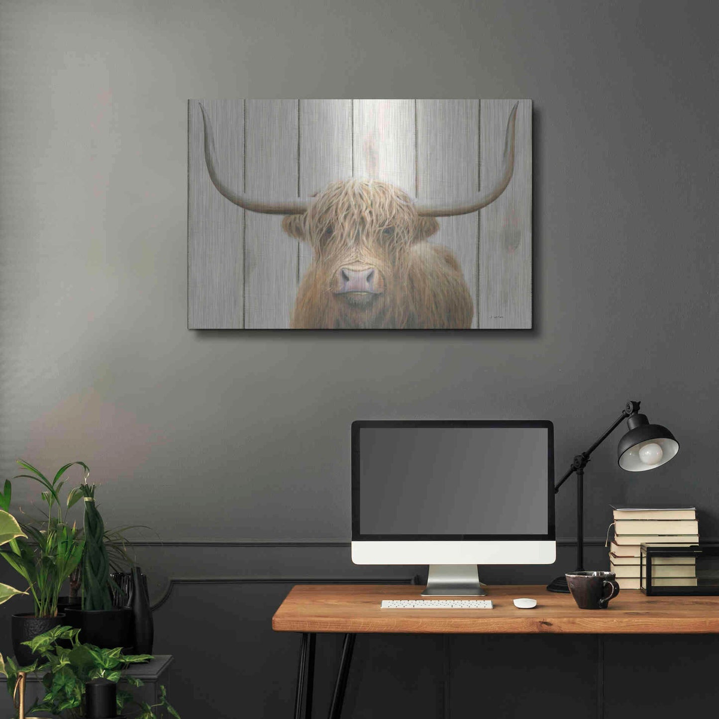 Luxe Metal Art 'Highland Cow Shiplap' by James Wiens, Metal Wall Art,36x24
