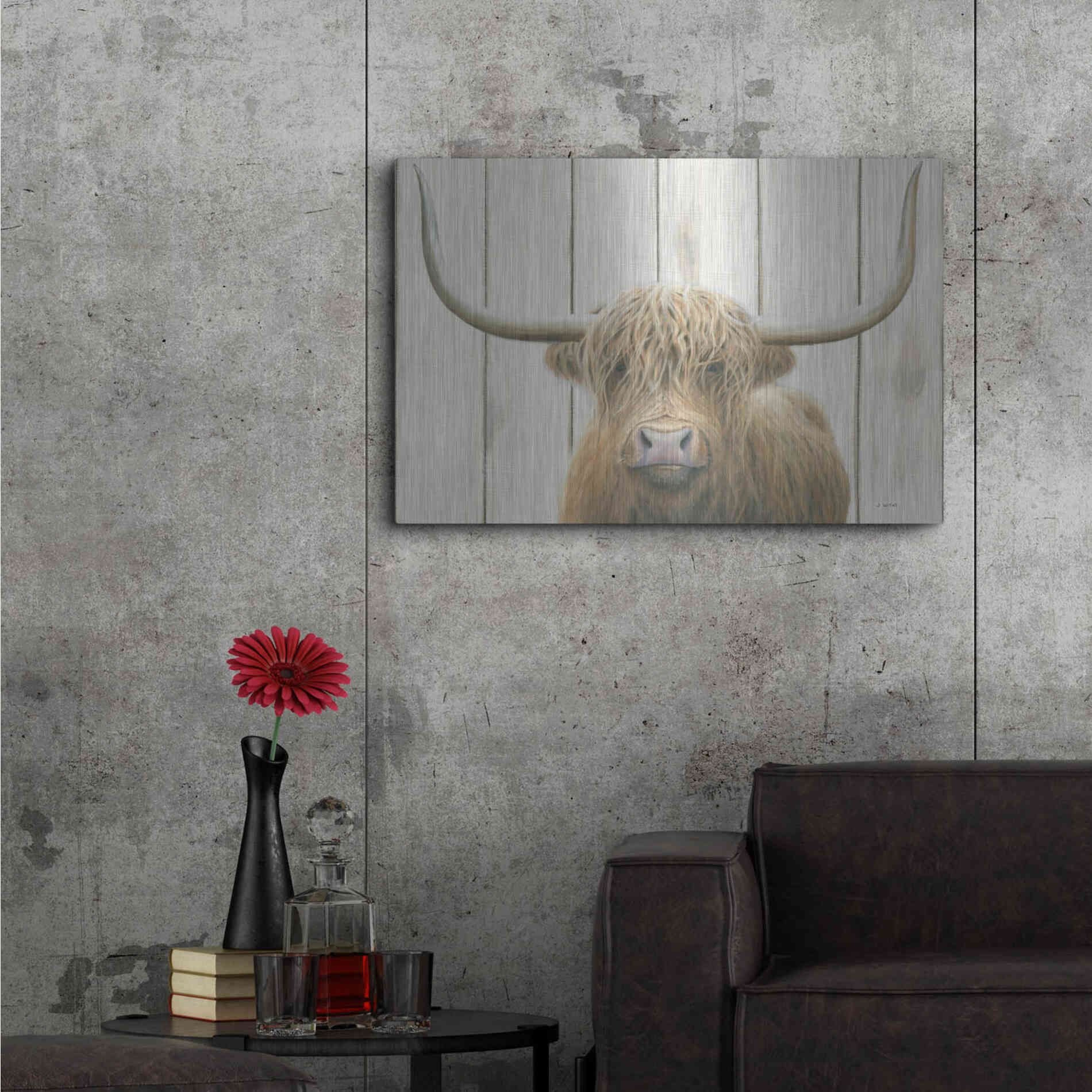 Luxe Metal Art 'Highland Cow Shiplap' by James Wiens, Metal Wall Art,36x24