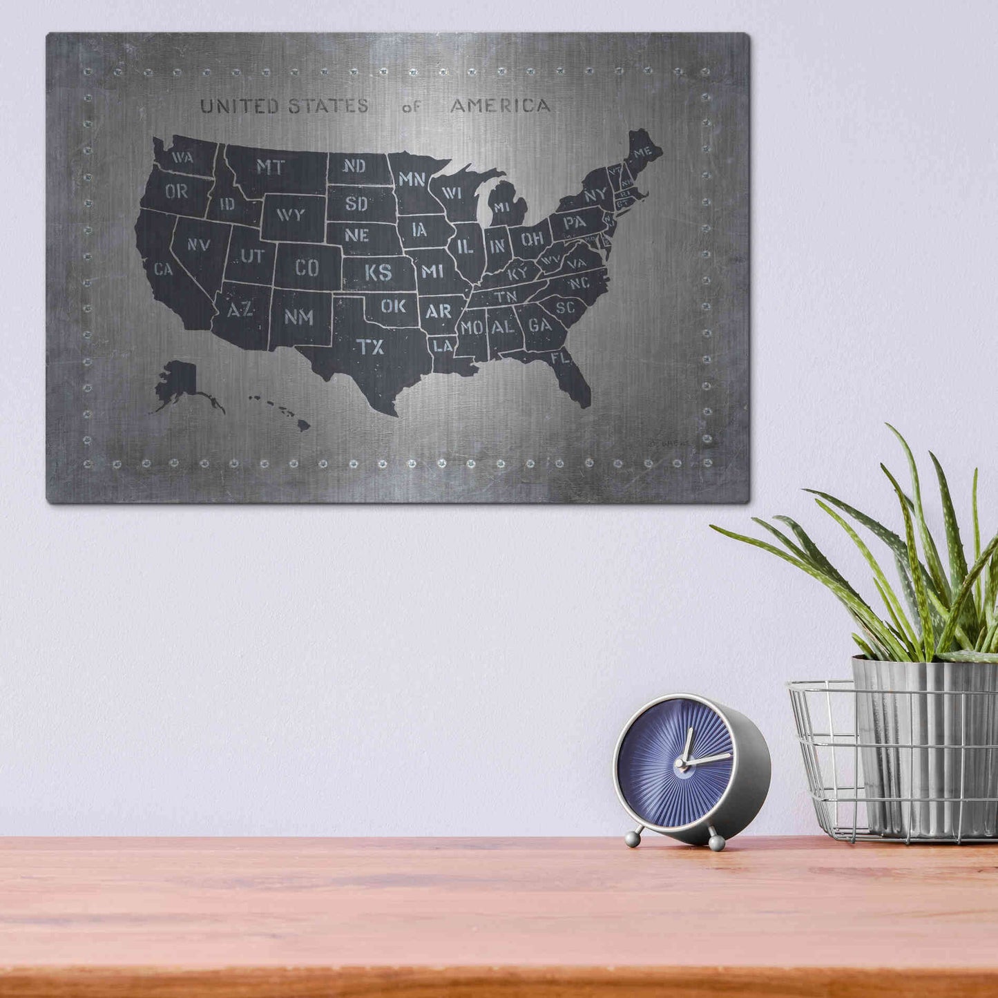 Luxe Metal Art 'Riveting USA Map' by James Wiens, Metal Wall Art,16x12