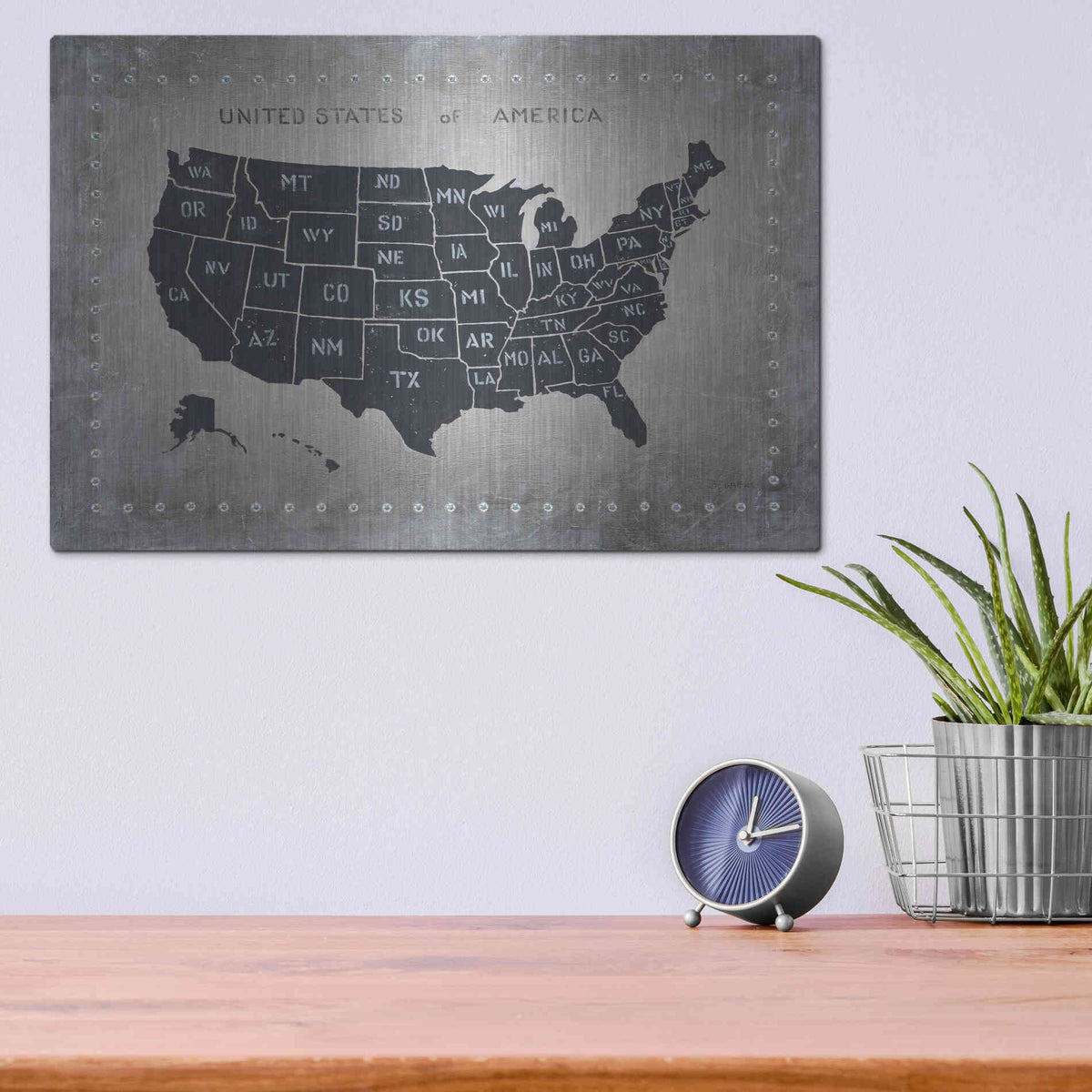 Luxe Metal Art 'Riveting USA Map' by James Wiens, Metal Wall Art,16x12