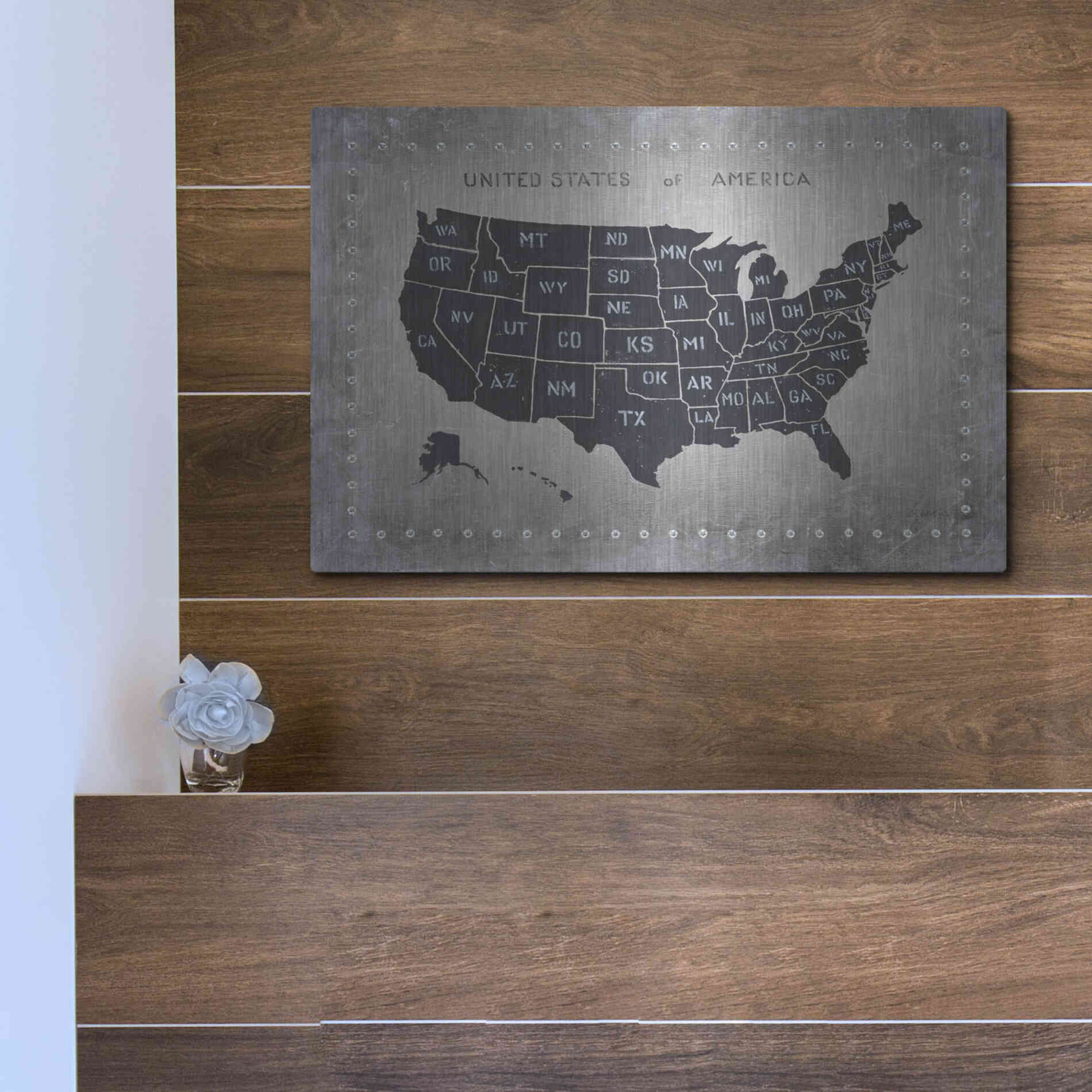 Luxe Metal Art 'Riveting USA Map' by James Wiens, Metal Wall Art,16x12