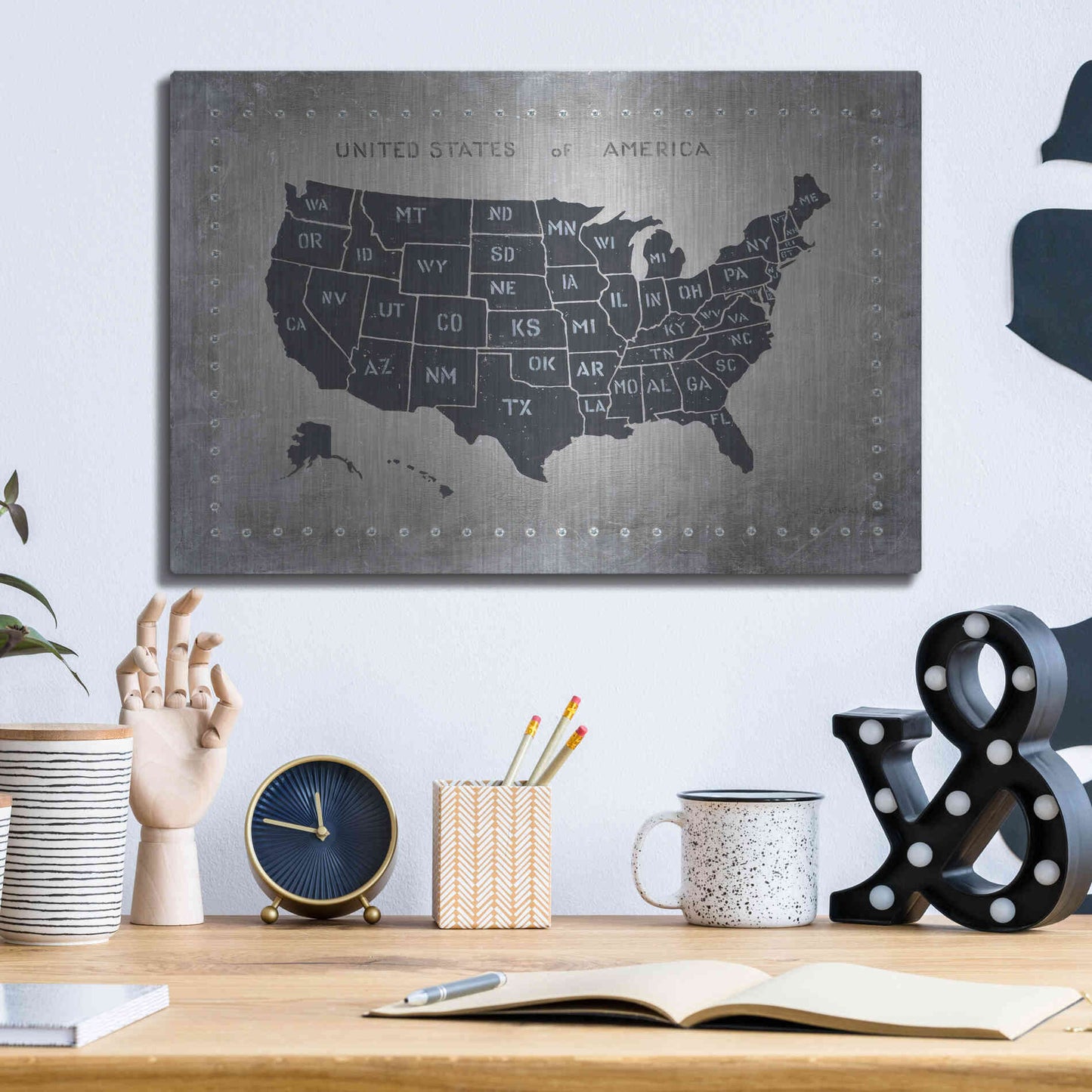 Luxe Metal Art 'Riveting USA Map' by James Wiens, Metal Wall Art,16x12