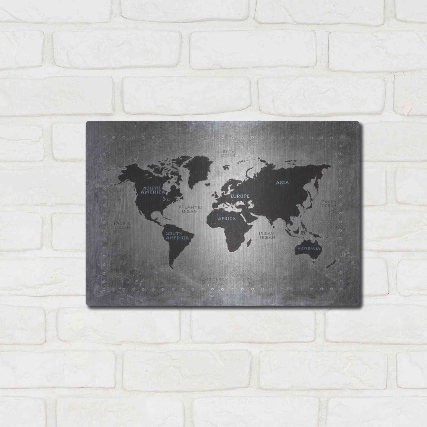 Luxe Metal Art 'Riveting World Map' by James Wiens, Metal Wall Art,16x12