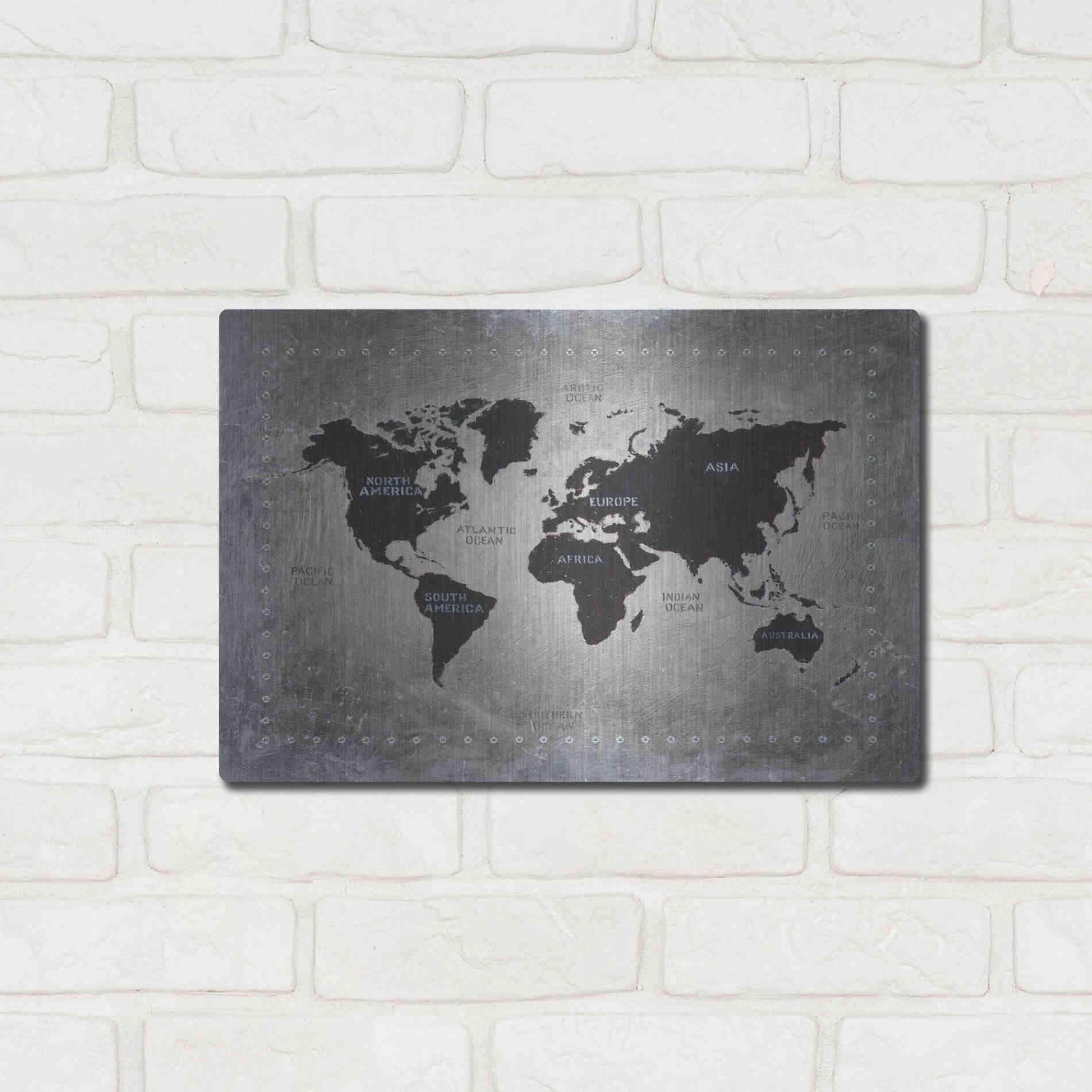 Luxe Metal Art 'Riveting World Map' by James Wiens, Metal Wall Art,16x12