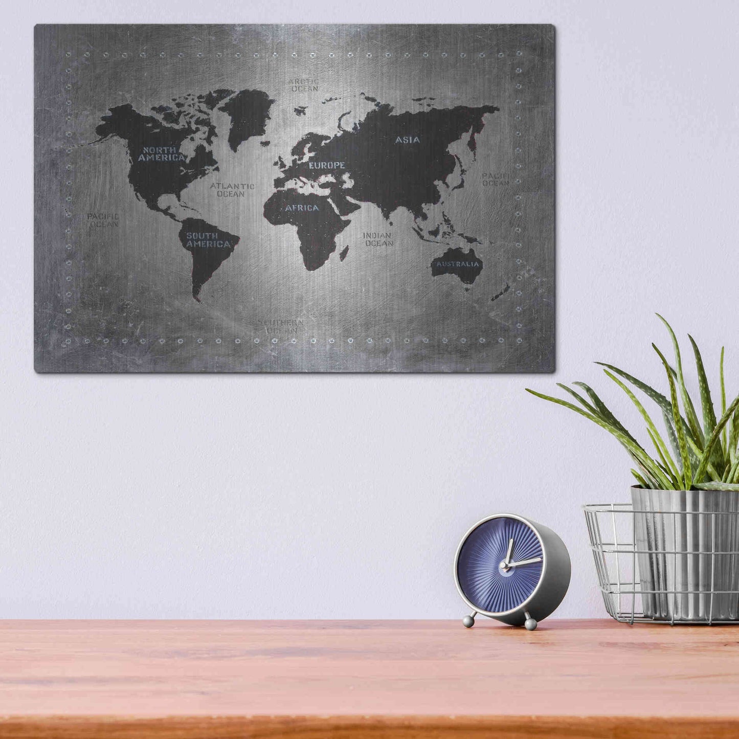 Luxe Metal Art 'Riveting World Map' by James Wiens, Metal Wall Art,16x12
