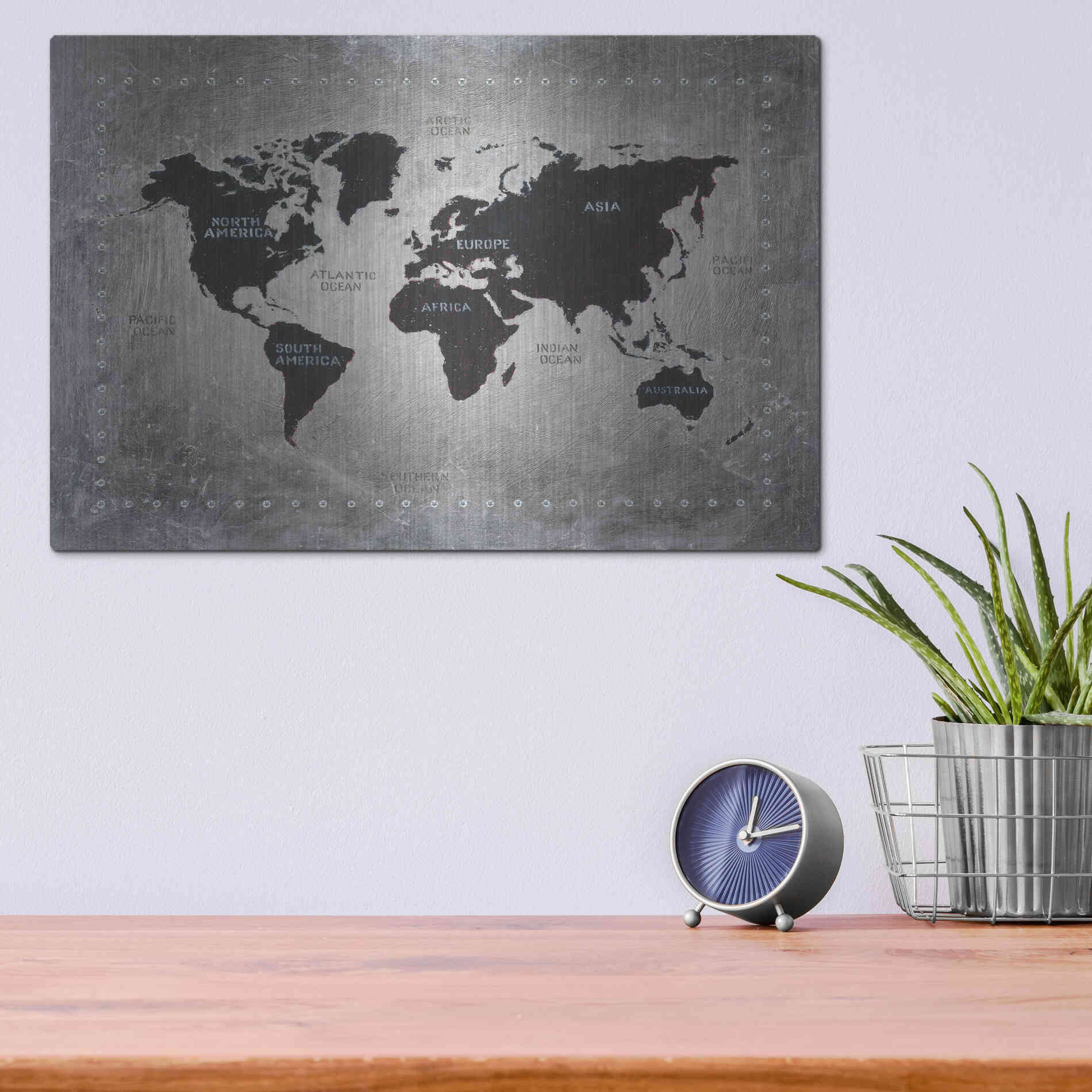 Luxe Metal Art 'Riveting World Map' by James Wiens, Metal Wall Art,16x12