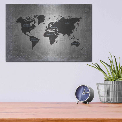 Luxe Metal Art 'Riveting World Map' by James Wiens, Metal Wall Art,16x12