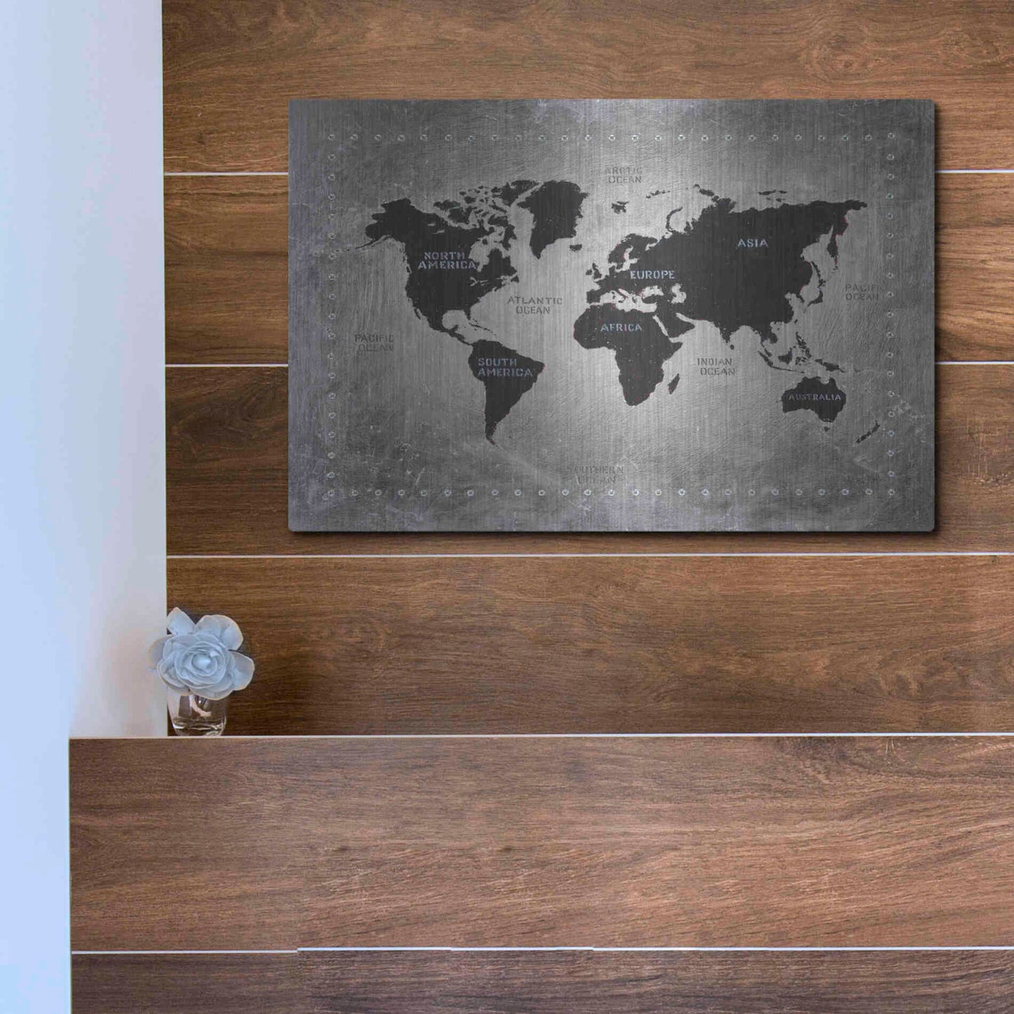 Luxe Metal Art 'Riveting World Map' by James Wiens, Metal Wall Art,16x12