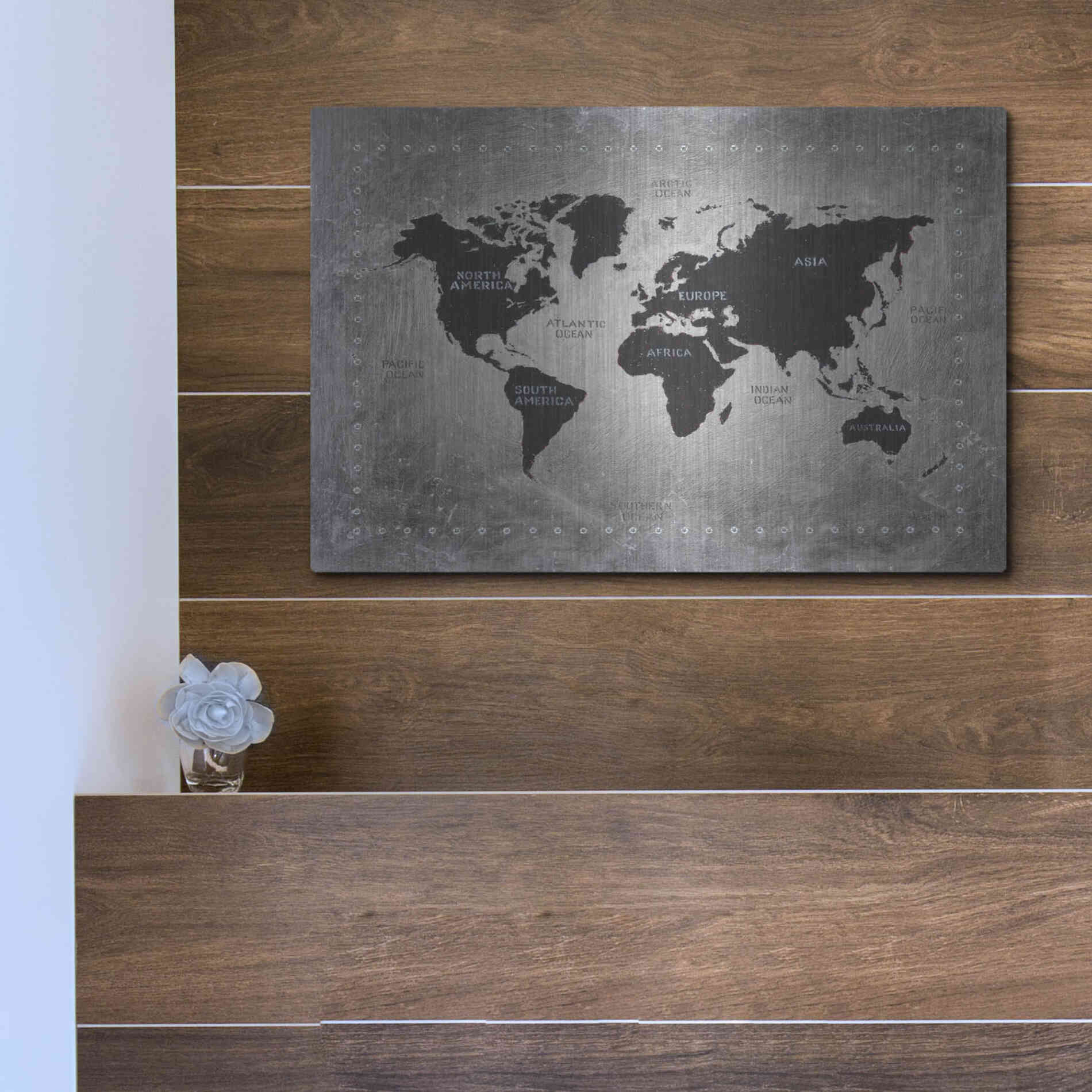 Luxe Metal Art 'Riveting World Map' by James Wiens, Metal Wall Art,16x12