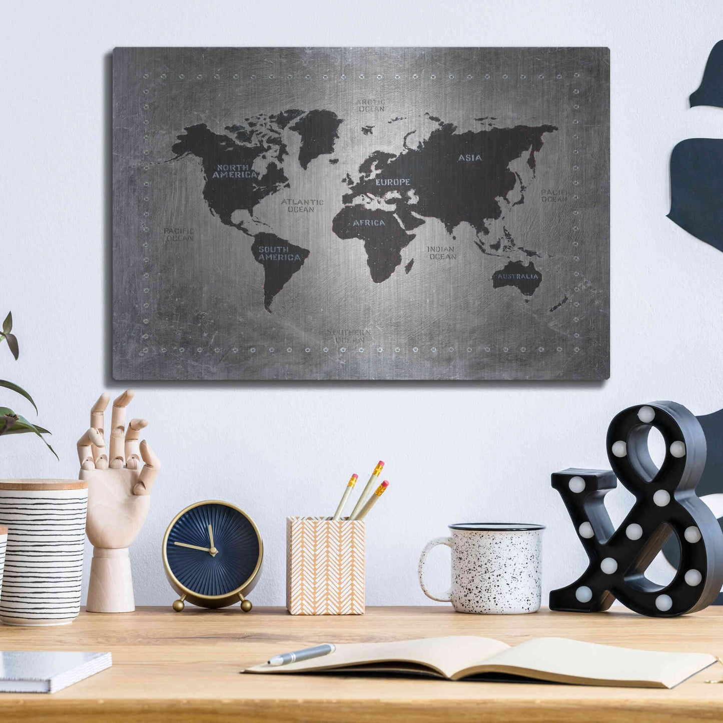 Luxe Metal Art 'Riveting World Map' by James Wiens, Metal Wall Art,16x12