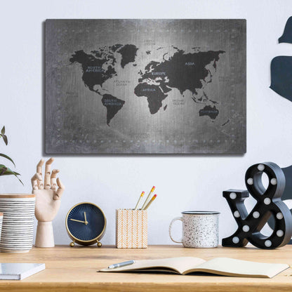 Luxe Metal Art 'Riveting World Map' by James Wiens, Metal Wall Art,16x12