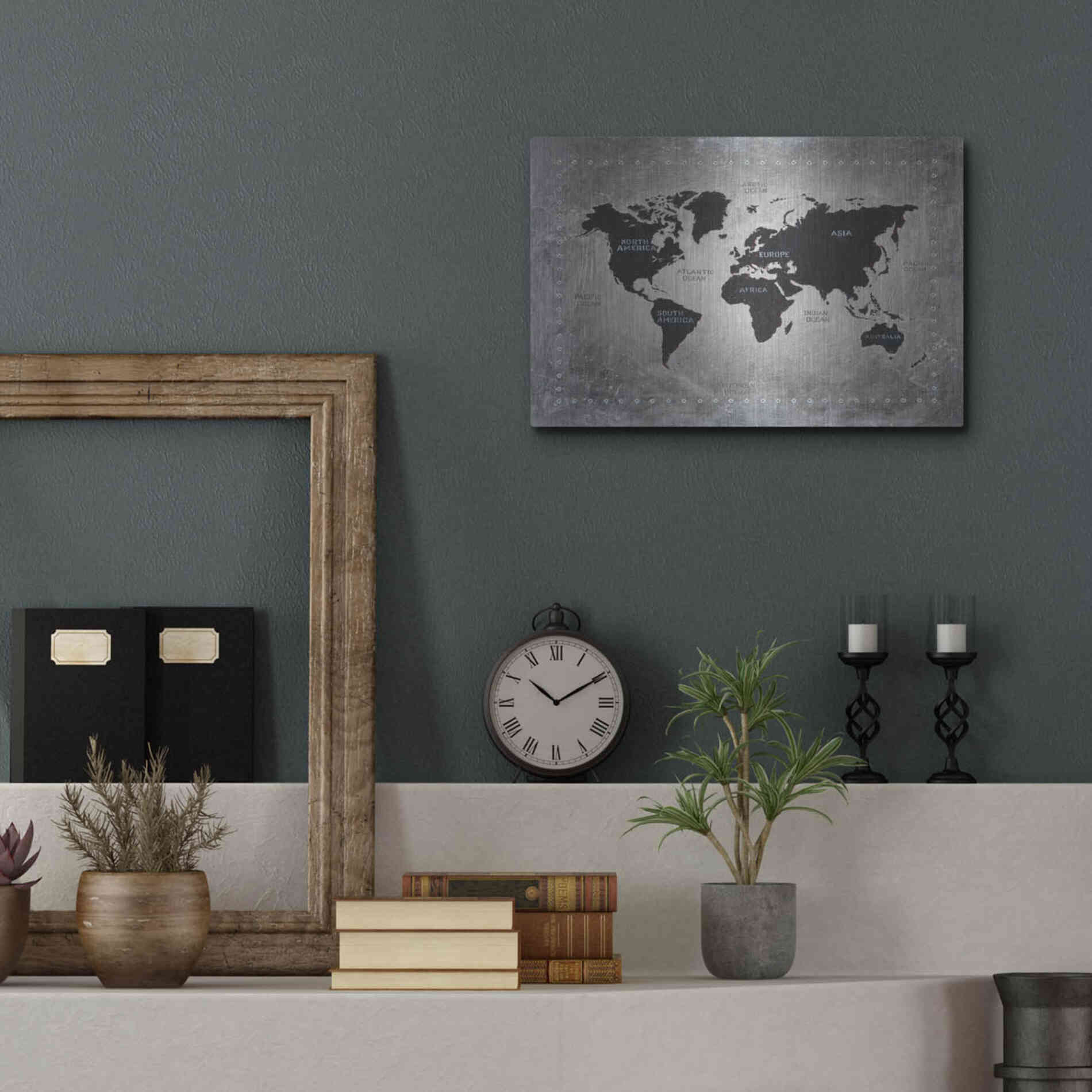 Luxe Metal Art 'Riveting World Map' by James Wiens, Metal Wall Art,16x12