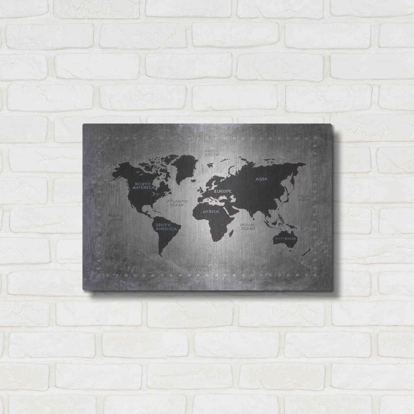 Luxe Metal Art 'Riveting World Map' by James Wiens, Metal Wall Art,24x16