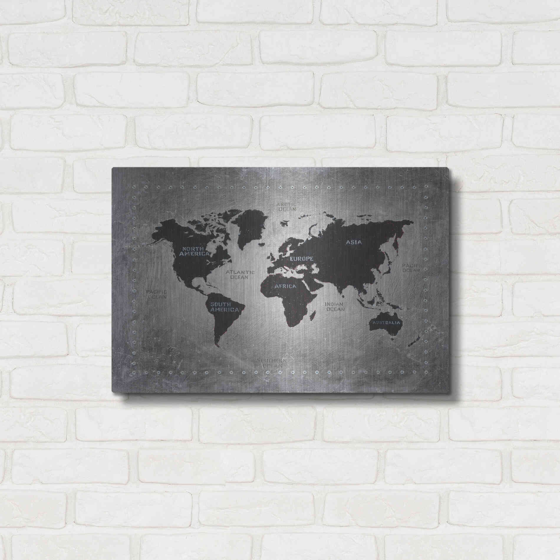 Luxe Metal Art 'Riveting World Map' by James Wiens, Metal Wall Art,24x16