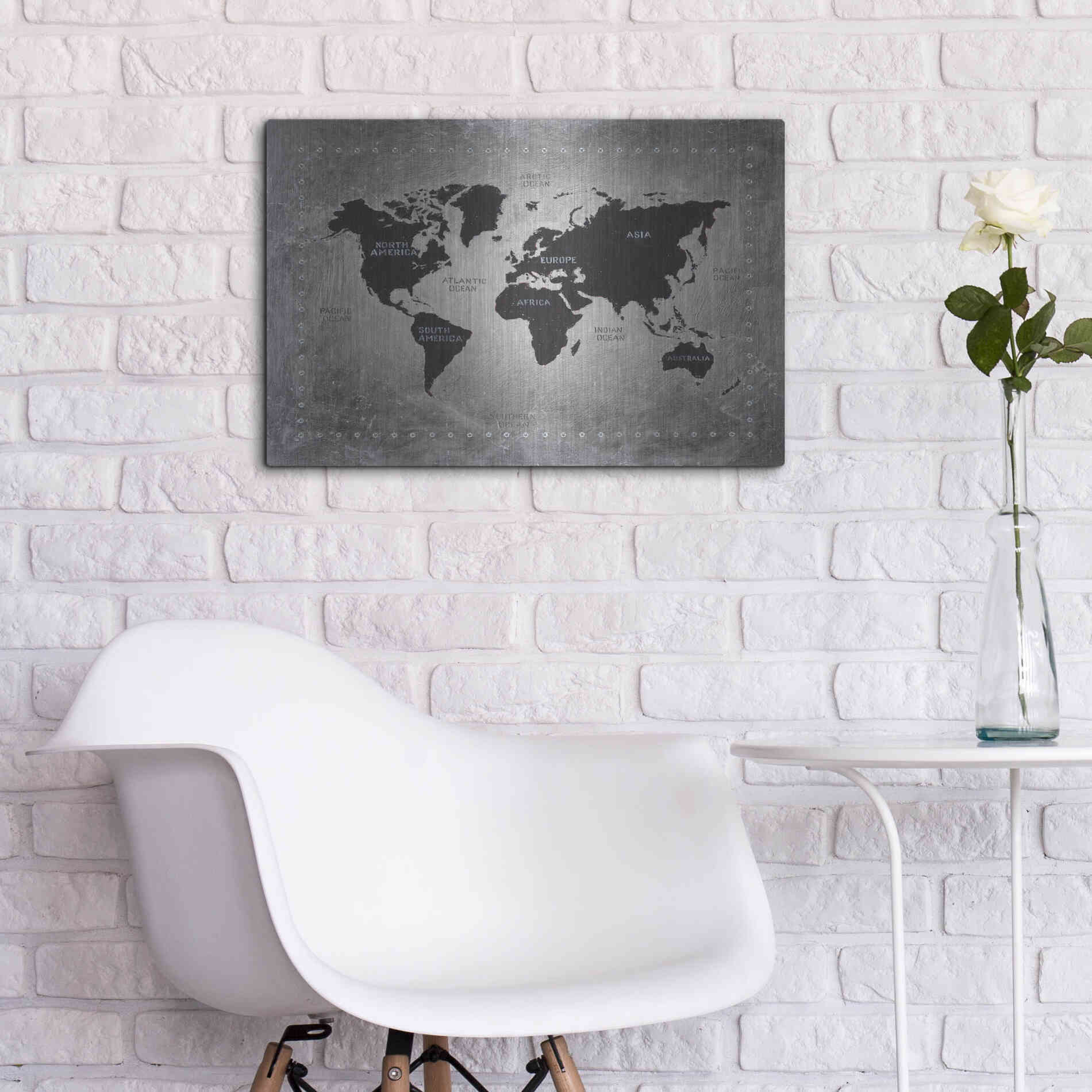 Luxe Metal Art 'Riveting World Map' by James Wiens, Metal Wall Art,24x16