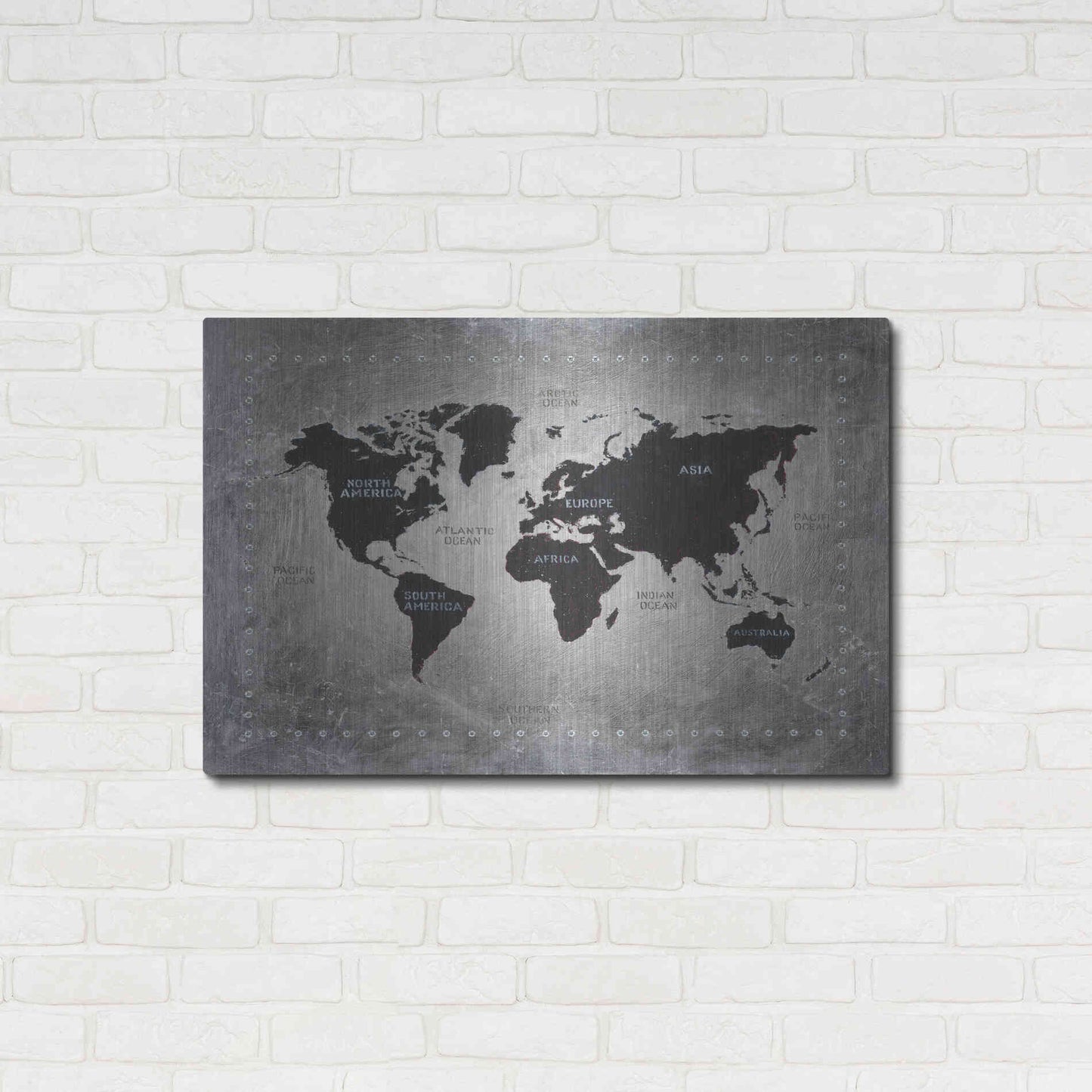Luxe Metal Art 'Riveting World Map' by James Wiens, Metal Wall Art,36x24
