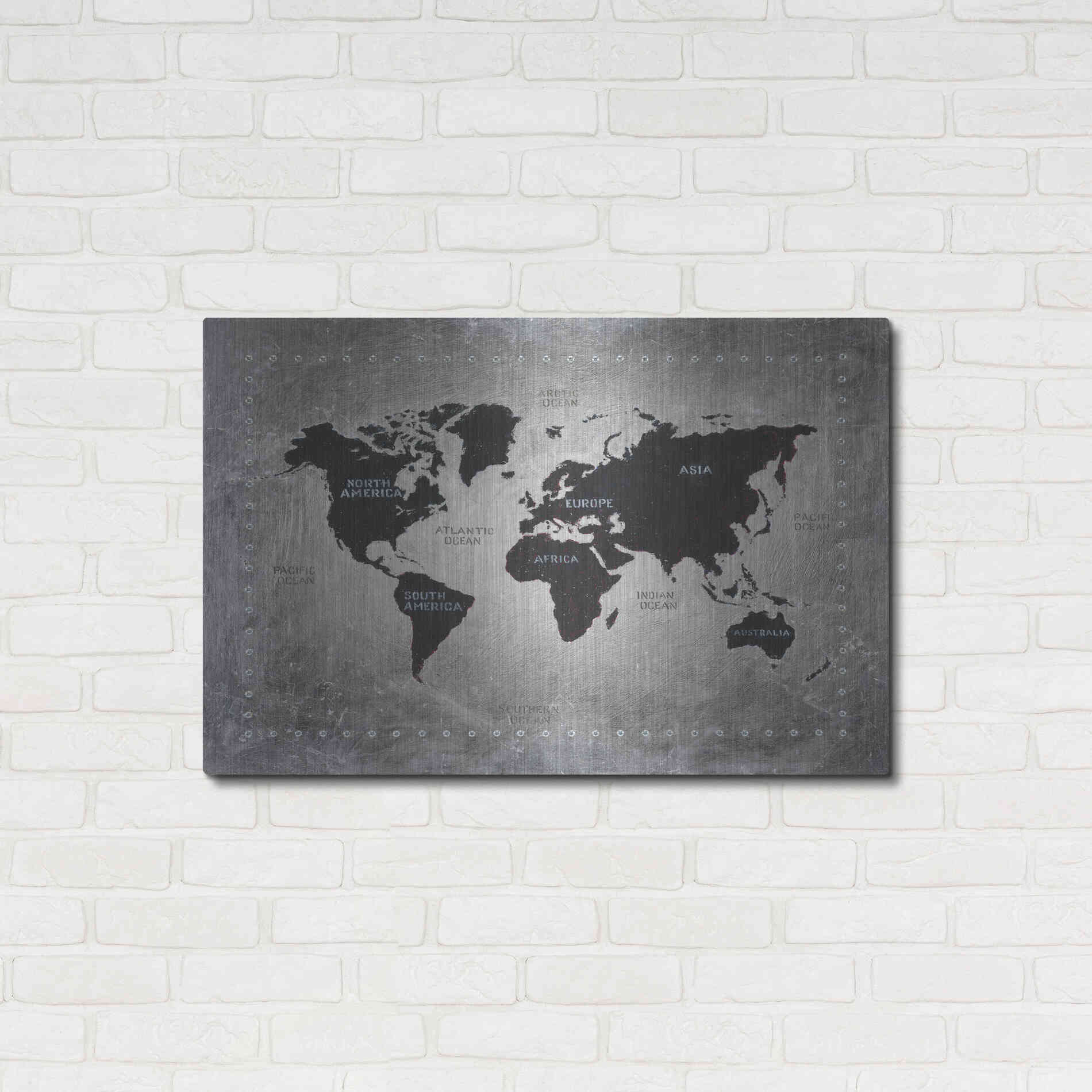 Luxe Metal Art 'Riveting World Map' by James Wiens, Metal Wall Art,36x24